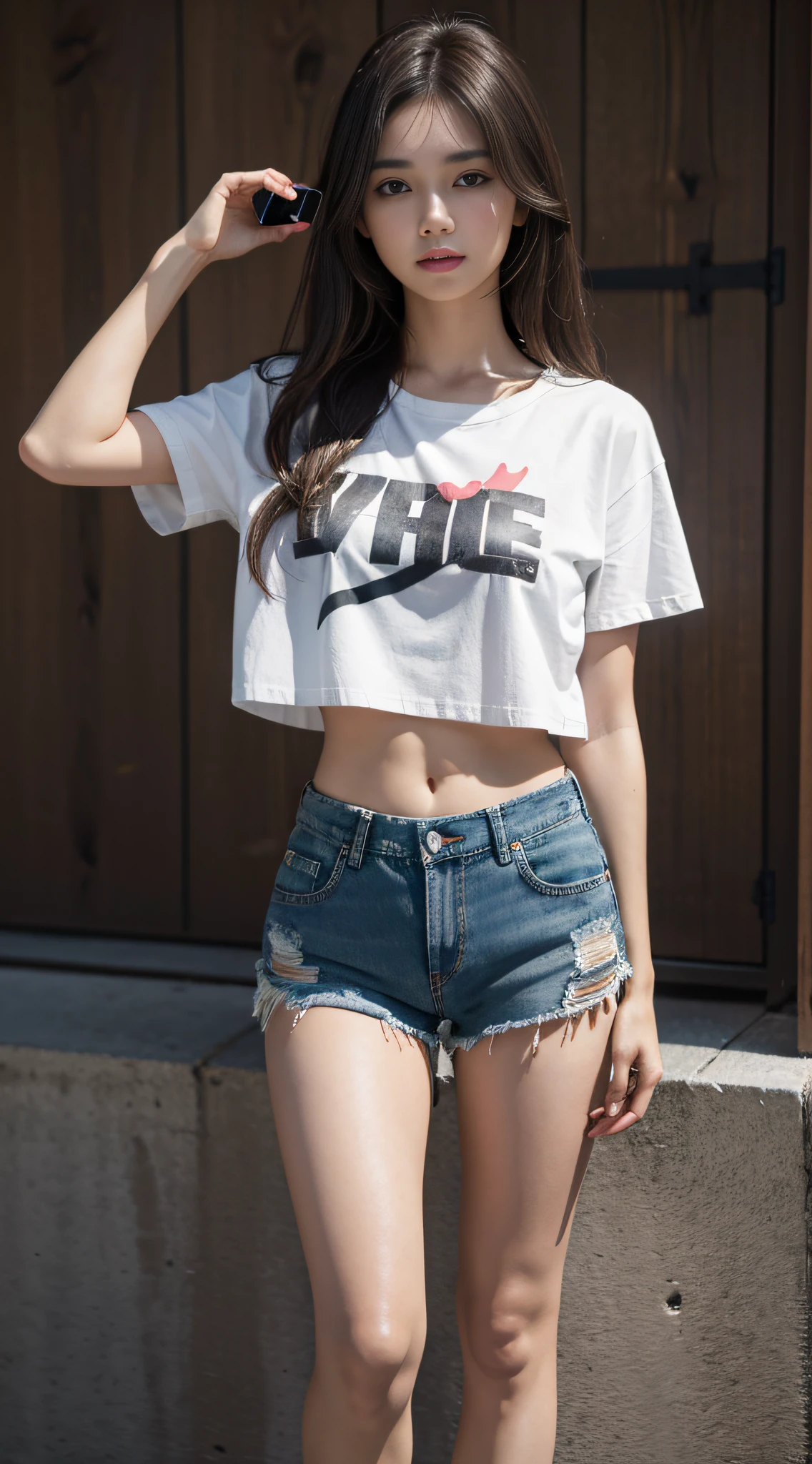 1 girl, solo, phone, shorts, cell phone, long hair, denim, brunet, iphone, midriff, navel, selfie, denim shorts, shorts, holding the phone, torn clothes, truncated, reality, holding, brown eyes, white shirt, crop top shirt, looking at the audience, shallow smile, real photo, HD texture,