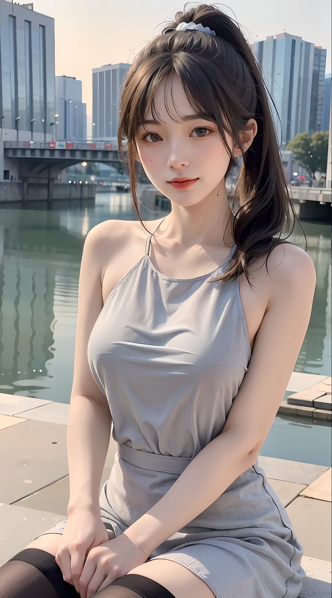 (Top Quality, 8K, Masterpiece: 1.3)), (1 person: 1.4), 1girl, Japan woman, Goddess, , portrait photography, high contrast, divine perspective, aperture F1.2, focal length 24mm, (full body: 1.2), smile, photo pose, fine lace, slip dress, simple cut dress, brand dress, simple cut, long black hair, hair tying, ultra detailed skin details, Detailed fabric texture