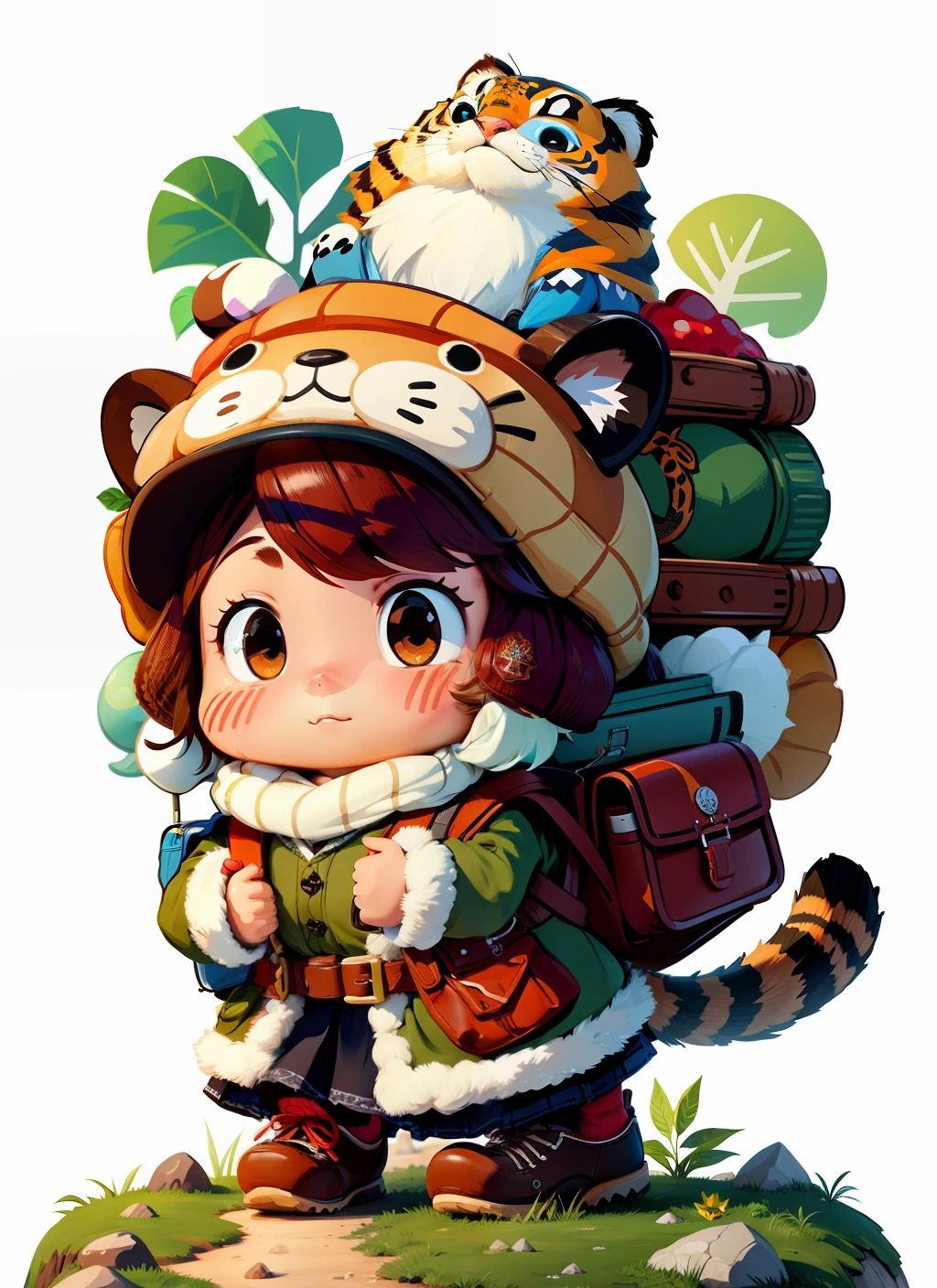 Wearing a brown hiking hat and carrying a huge hiking bag, it is filled with all kinds of necessary mountaineering equipment and toys, the backpack is decorated with dolls, long-barreled hiking boots, a scarf around the neck, and a sweater collar with various logos Jacket, blue jeans, Pixar, popular toys, tiger tail, tiger ears, blind box toys, Disney style, white background, stepping on stones, with plants, mushrooms, stones, exquisite details, realism: 1.3, realistic, intricate, super detailed