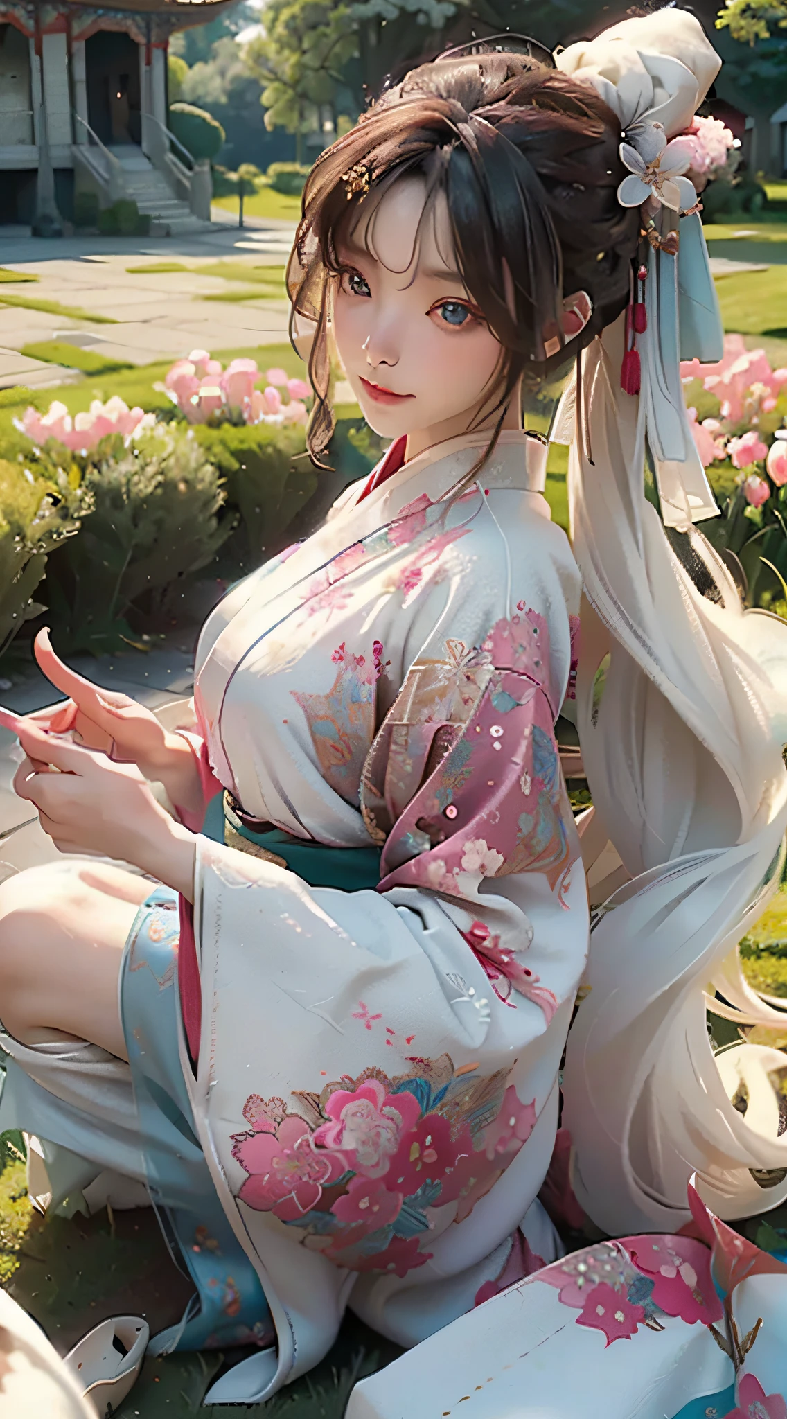 zhongfenghua, 1girl, (full body) solo, hanfu, flower field, blossom, (white smokes:1.3) (photorealistic:1.4), zentangle, mandala, entangle, official art, unity 8k wallpaper, ultra detailed, beautiful and aesthetic, masterpiece,best quality, (dynamic angle:1.4), glowing skin, (floating colorful sparkles:1) the most beautiful form of chaos, elegant, a brutalist designed, vivid colours, romanticism depth of field,