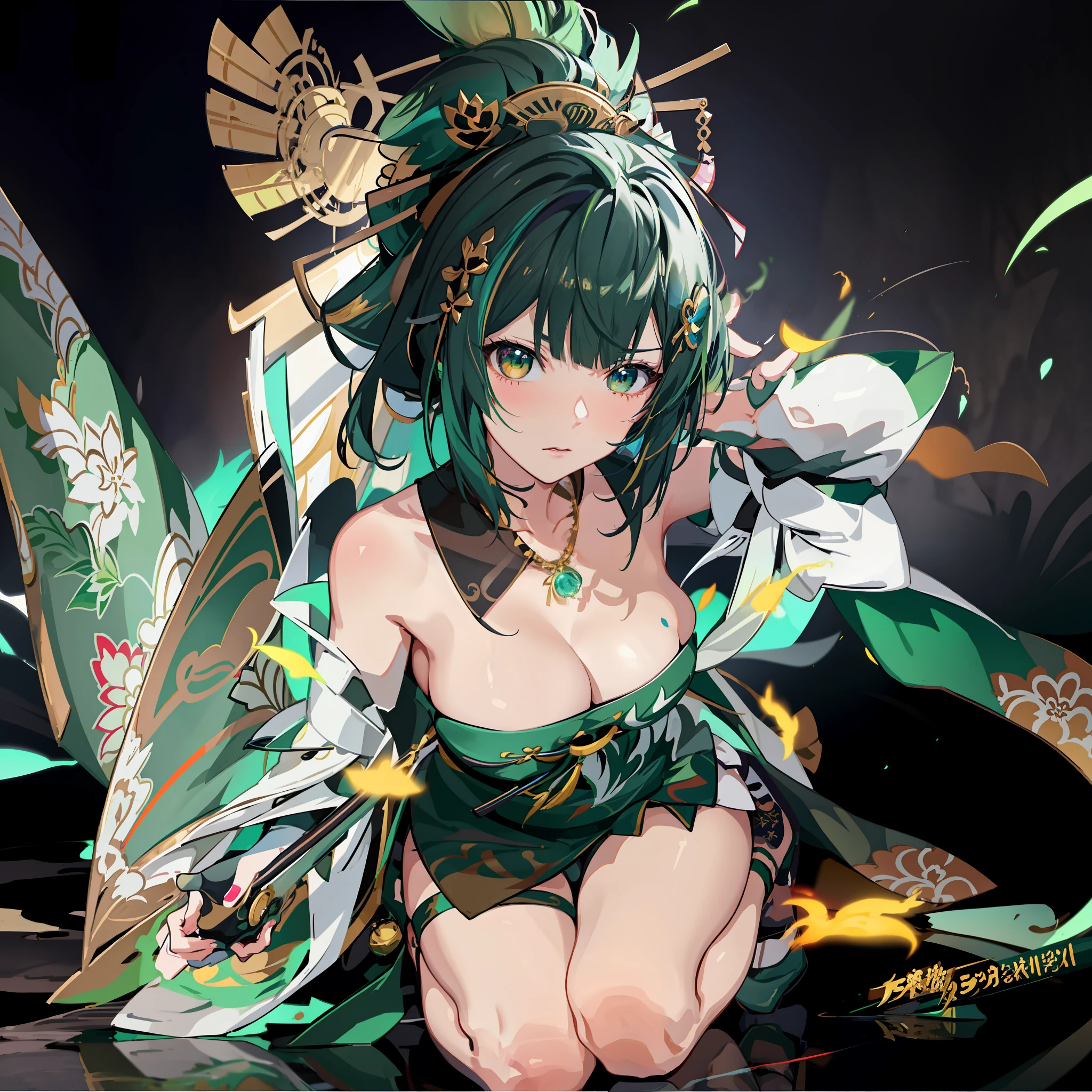 anime girl with green hair and a green dress sitting on the ground, ayaka genshin impact, anime goddess, guweiz on pixiv artstation, onmyoji detailed art, seductive anime girl, best anime 4k konachan wallpaper, guweiz on artstation pixiv, onmyoji, ayaka game genshin impact, anime style 4 k