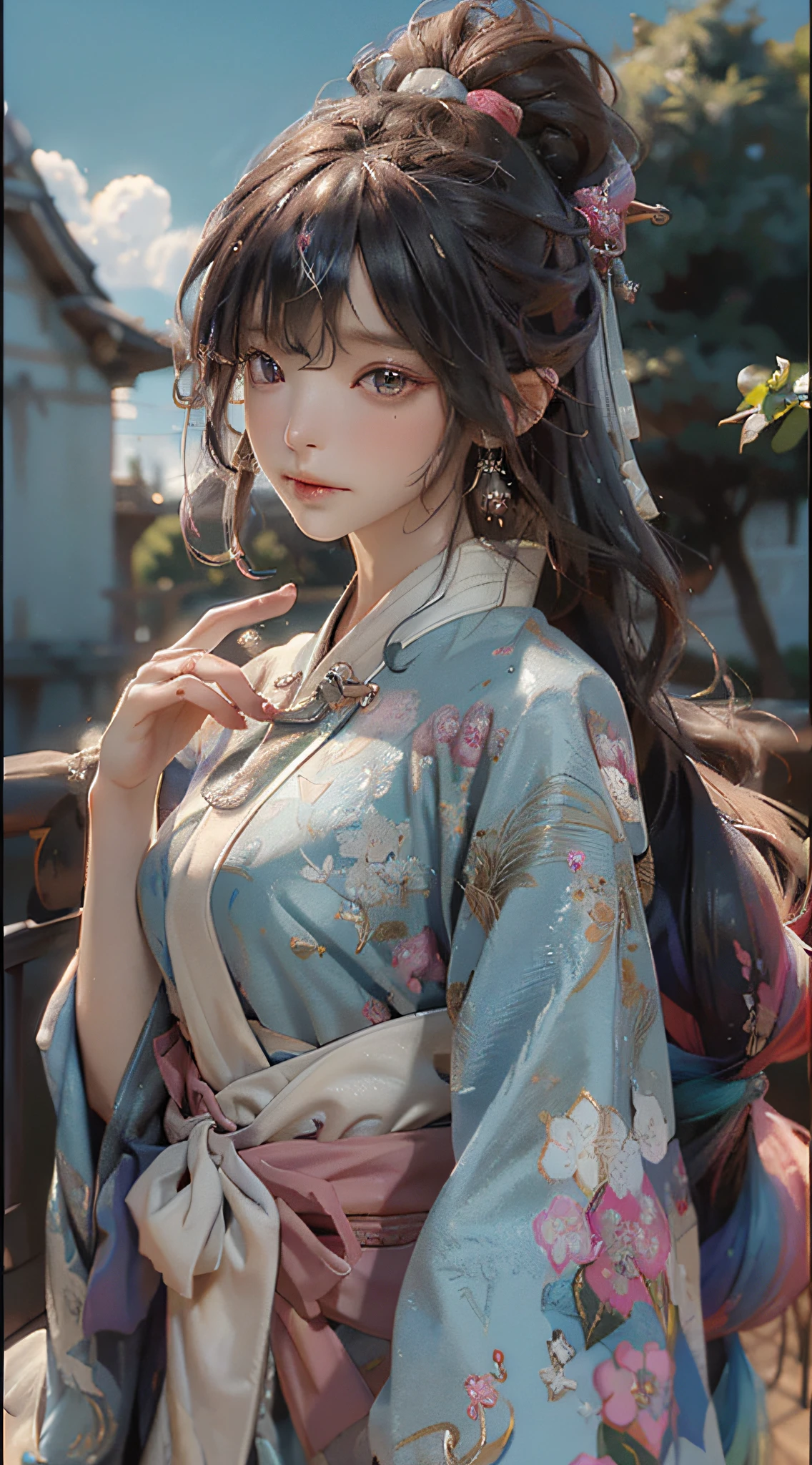 (8k, RAW photo:1.2), best quality, ultra high res,dramatic angle,(fluttered detailed color splashs), (illustration),(((1 girl))),(long hair),(rain:0.9), (头饰:1.4),少女身边有一座古宫,汉服,(重点),彩色水墨画,(泼彩),泼彩,(((colorful))),(素描:0.8) , Masterpiece, best quality, beautiful painted, highly detailed,(denoising:0.6),[splash ink],((ink refraction)), (beautiful detailed sky),moon,highly,detaild,(masterpiece, best quality, extremely detailed） CG unity 8k壁纸，杰作，最好的质量，超详细），（石蒜），