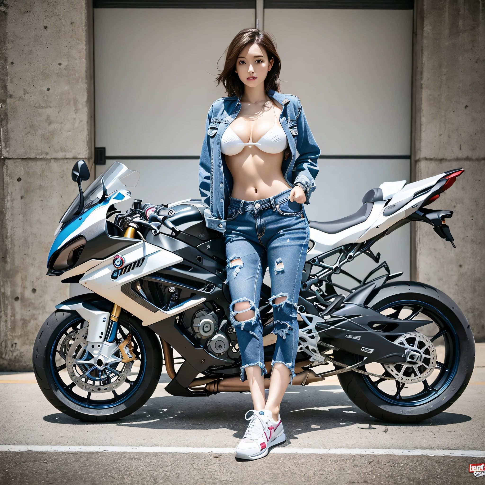 Oversized breasted girl, wearing torn denim three-point swimsuit, 180cm height, underwear side leaking out, white platform sneakers, riding BMW S1000RR, sexy pose, full body composition, clothes soaked, super fine eyes, super fine breasts