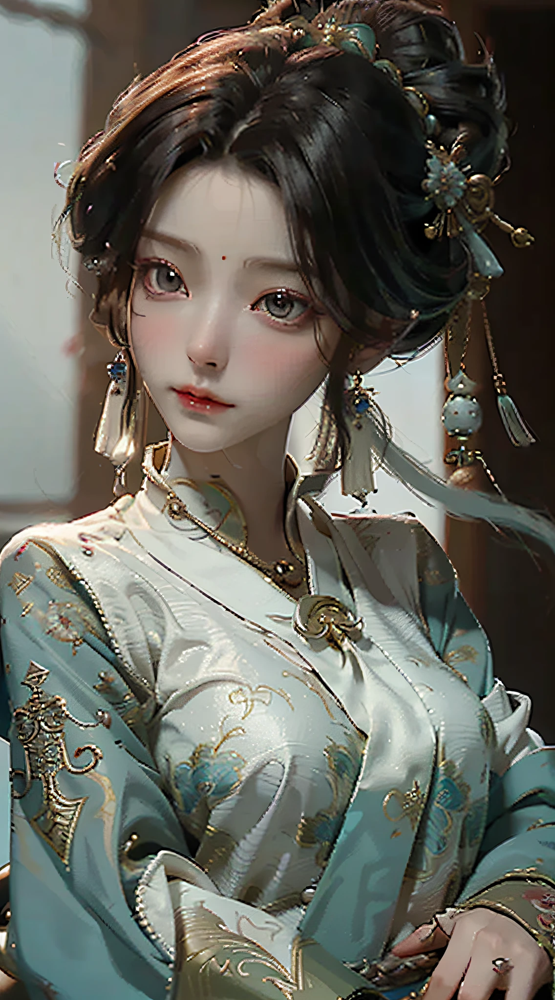 a close up of a woman with a necklace on her neck, ruan jia beautiful!, young wan angel, heise-lian yan fang, queen of the sea mu yanling, yun ling, chinese princess, sha xi, a young woman as genghis khan, xue han, young cute wan asian face, yan, with very thin lips