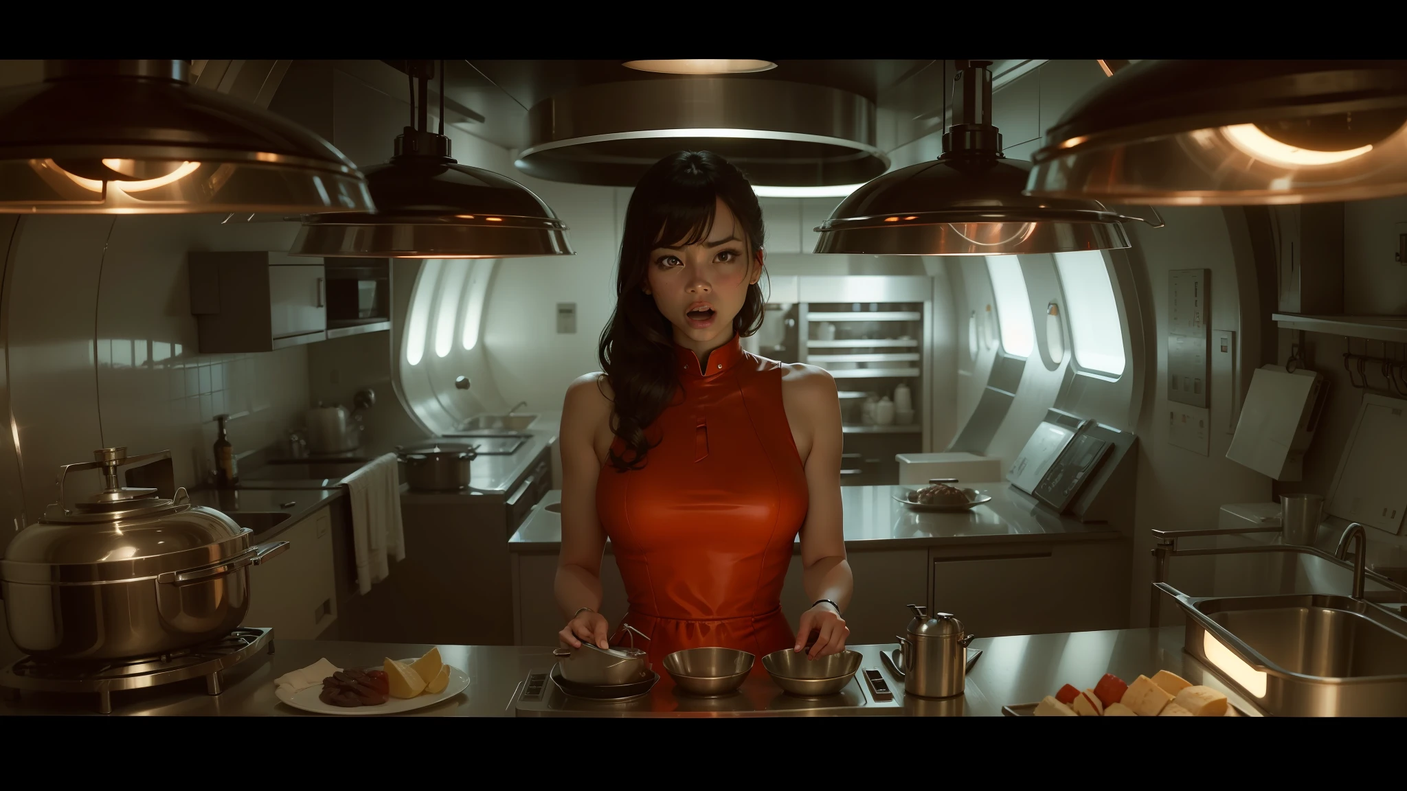 arafed woman in a red dress standing in a kitchen with a counter, cinematic still of westworld, capsule hotel, with bangs, wearing futuristic white suit, by Jacob Duck, served on a plate, still image from the movie, wearing collar, asian woman, layout frame, staring sofía vergara screaming, 2049, symmetrical anatomy, russian girlfriend --auto --s2