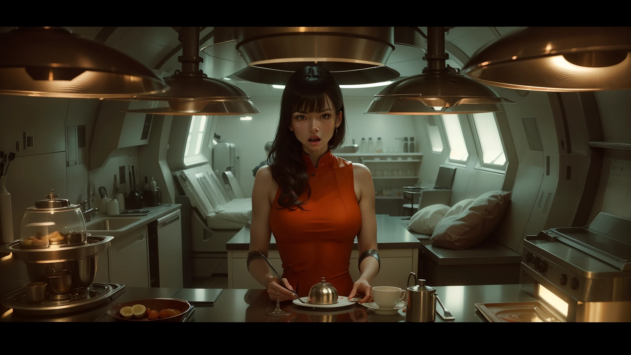 arafed woman in a red dress standing in a kitchen with a counter, cinematic still of westworld, capsule hotel, with bangs, wearing futuristic white suit, by Jacob Duck, served on a plate, still image from the movie, wearing collar, asian woman, layout frame, staring sofía vergara screaming, 2049, symmetrical anatomy, russian girlfriend --auto --s2