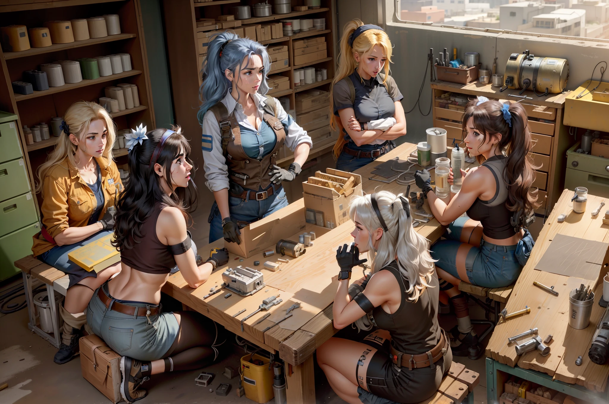 ((((highly detailed, ultra-detailed)))),((((((((five womans))))))),group of womans,beatiful faces,extremely detailed faces,extremely detailed,mechanic womans),sexy womans,revealing,group meeting,Winry Rockbell\(Fullmetal Alchemist\),blonde hair, round eyes, eyelashes, long straight hair, blue eyes, medium breasts, wide hips, grin, diffused lighting,city park, (pixel-winry), (red bandana), black tube top, cargo shorts, dirty,brown short gloves, oily,masterpiece, best quality, ultra-detailed, illustration, shiny, reflective,on desk,big bluesprint,3d dimensional figure, voluptuous, body, squatting, detailed, messy, workshop, industrial, black, red, silver, metallic, equipment, machinery, tools, sparks, dirt, grime, oil, stains, sweat, exhaust, pipes, gauges, dials, buttons, levers, cables, wires, hydraulic, systems, hydraulic press, crane, pulley, welding, torch, grinder, drill, saw, hammer, screwdriver, wrench, pliers, spanner, toolbox, fire extinguisher, first aid kit, ventilation, ducts, light fixtures, emergency exit, warning signs, caution tape, posters, calendar, coffee mug, dirty, workbench, storage, shelves, bins, lockers, smoke, fumes, debris, concrete floor, concrete walls, metal beams, rivets, bolts, screws, nuts, washers, chains, ropes, hooks, clamps, magnets, bearings, lubricants, fluids, solvents, adhesives, lubrication, maintenance, repair, overhaul, upgrade, installation, assembly, fabrication, customization, prototype, research, development, testing, quality control, inspection, certification, compliance, regulation, standard, efficiency, productivity, innovation, excellence, satisfaction, teamwork, dedication, professionalism, empowerment, diversity, equality, respect, safety culture, industrial fashion, sci-fi, cyberpunk, dystopian,dynamic camera angle,panorama,(view from above),
