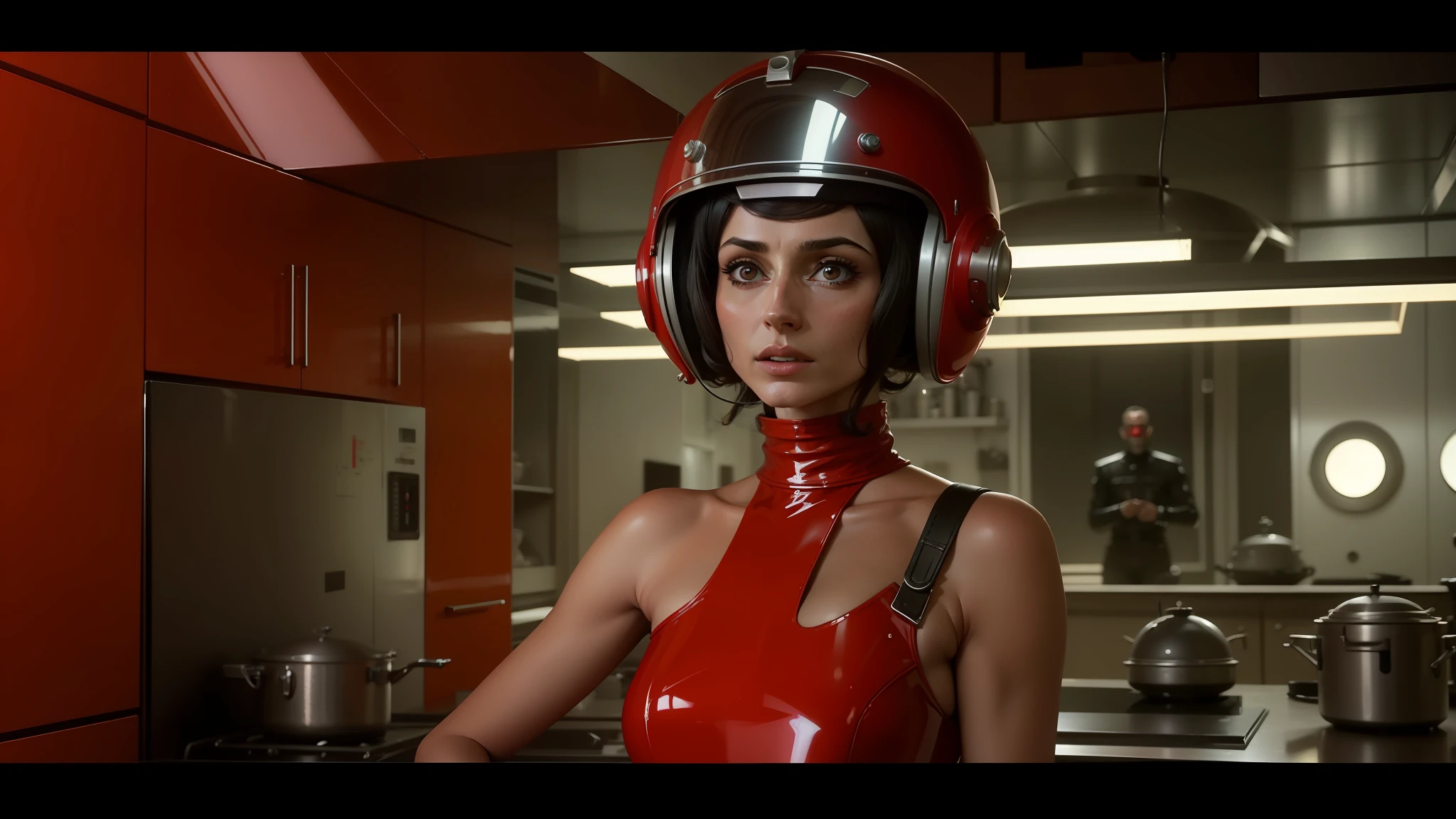 arafed woman in a red latex outfit in a kitchen, in the movie 2001 a spaceodyssey, orgnic headpiece, adrien brody, mars attacks, inspired by Ulrika Pasch, 60's cartoon-space helmet, radios, 1960s spy, paprika, still image from the movie, gamer aesthetic, reboot --auto --s2