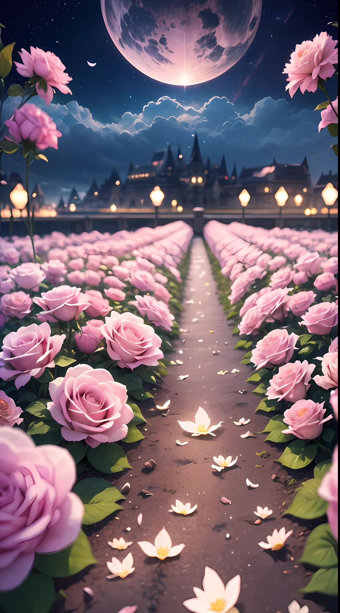 In the evening, real scene shooting 1000 beautiful and romantic pink and white roses glow, beautiful flowers are clearly visible, white and red flowers, fluffy and soft petals, on both sides are many flowers, in the middle is falling luminous petals, sunset sky, far away is the city, refracting pink light, super realistic, super real, photography, magic, fantasy, clear, 8k, ureal, Shot in HD by Hayao Miyazaki. Hd, --v 5.1 --ar 9:16 --auto --s2