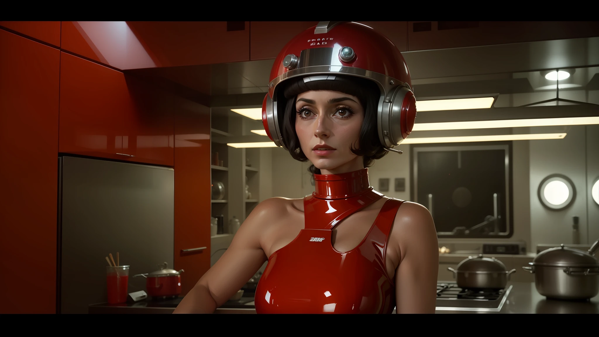 arafed woman in a red latex outfit in a kitchen, in the movie 2001 a spaceodyssey, orgnic headpiece, adrien brody, mars attacks, inspired by Ulrika Pasch, 60's cartoon-space helmet, radios, 1960s spy, paprika, still image from the movie, gamer aesthetic, reboot --auto --s2