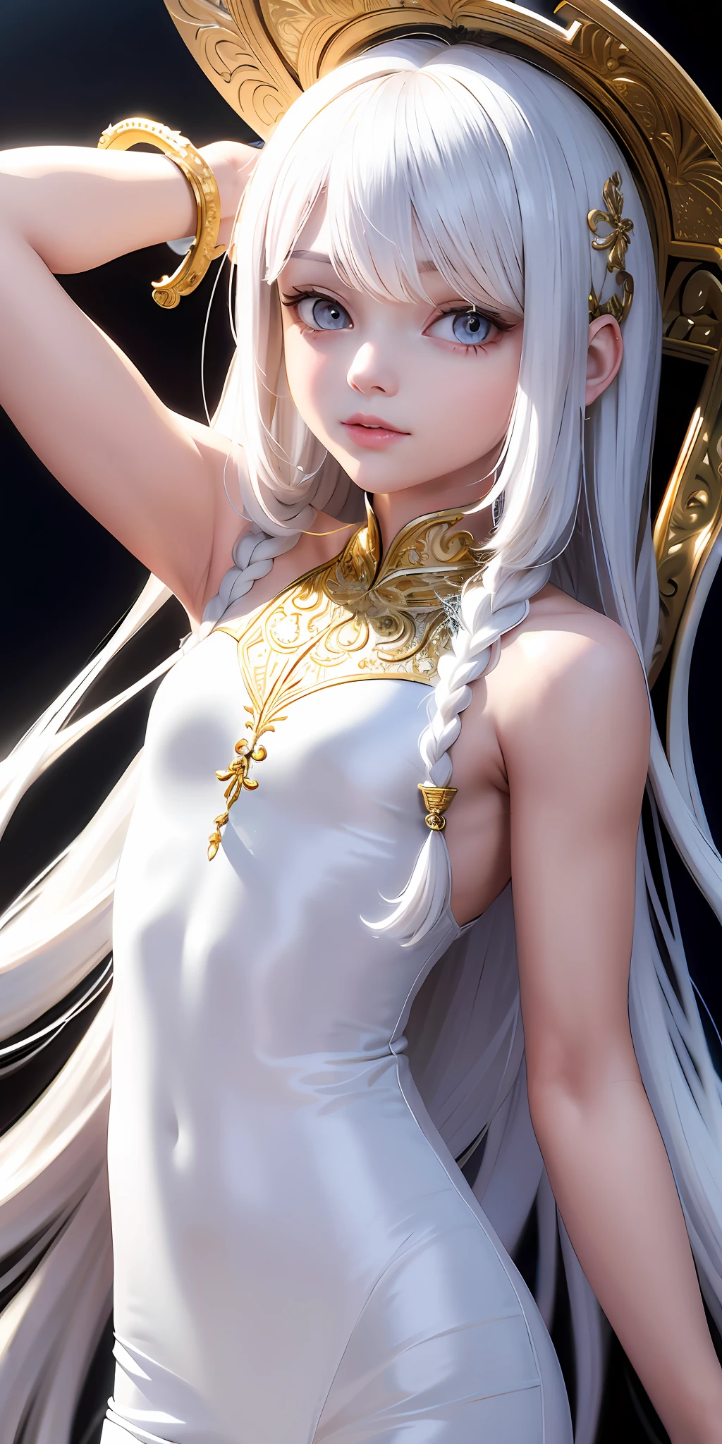 Excellent, masterpiece, white hair, golden eyes, white clothes, looking up, upper body, hair, fair skin, side braids, petite, long hair,