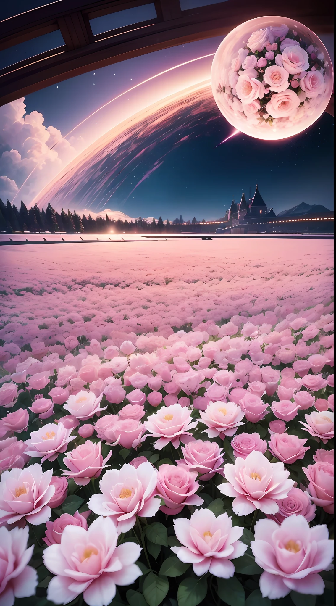 In the evening, real scene shooting 1000 beautiful and romantic pink and white roses glow, beautiful flowers are clearly visible, white and red flowers, fluffy and soft petals, on both sides are many flowers, in the middle is falling luminous petals, sunset sky, far away is the city, refracting pink light, super realistic, super real, photography, magic, fantasy, clear, 8k, ureal, Shot in HD by Hayao Miyazaki. Hd, --v 5.1 --ar 9:16 --auto --s2