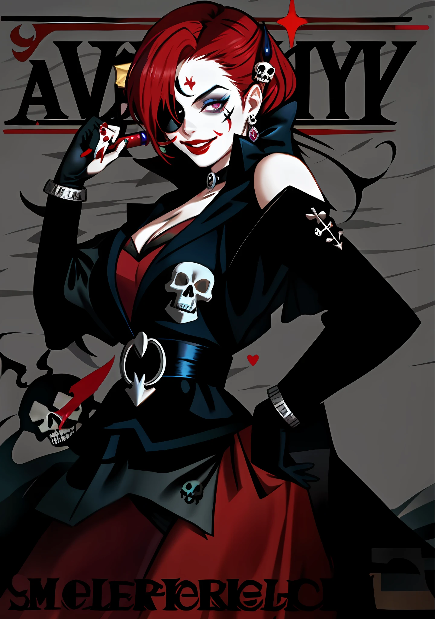 Harley Quinn stands before a stormy sea, one half of her body decked out in full pirate regalia, complete with eyepatch and skull and bones trenchcoat. The other half is adorned in regal dress and sparkling jewels, the marks of a true queen. Finally, her face is painted in classic clown white, with a smear of red lipstick adorning her lips on the one side and a black, skull-and-bones eyepatch worn over her right eye on the other. With a grin on her painted face, she clutches a jester scepter in her hand and commands the waves to do her bidding.