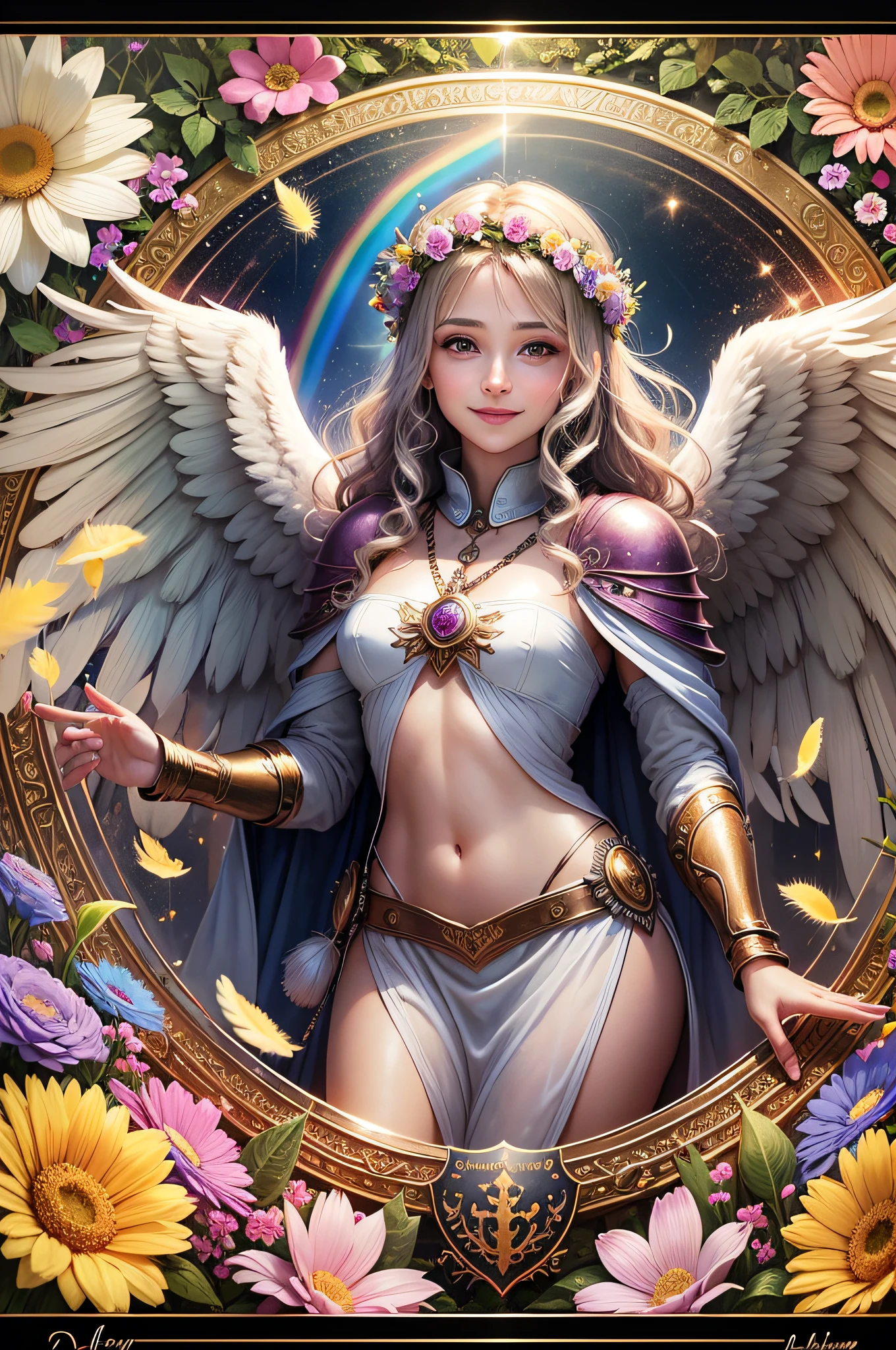 Always with angels, security, security, happiness, radiance, light, fantastic, flowers, rainbow, glitter, smile, feathers, heaven, heaven, medieval --auto --s2