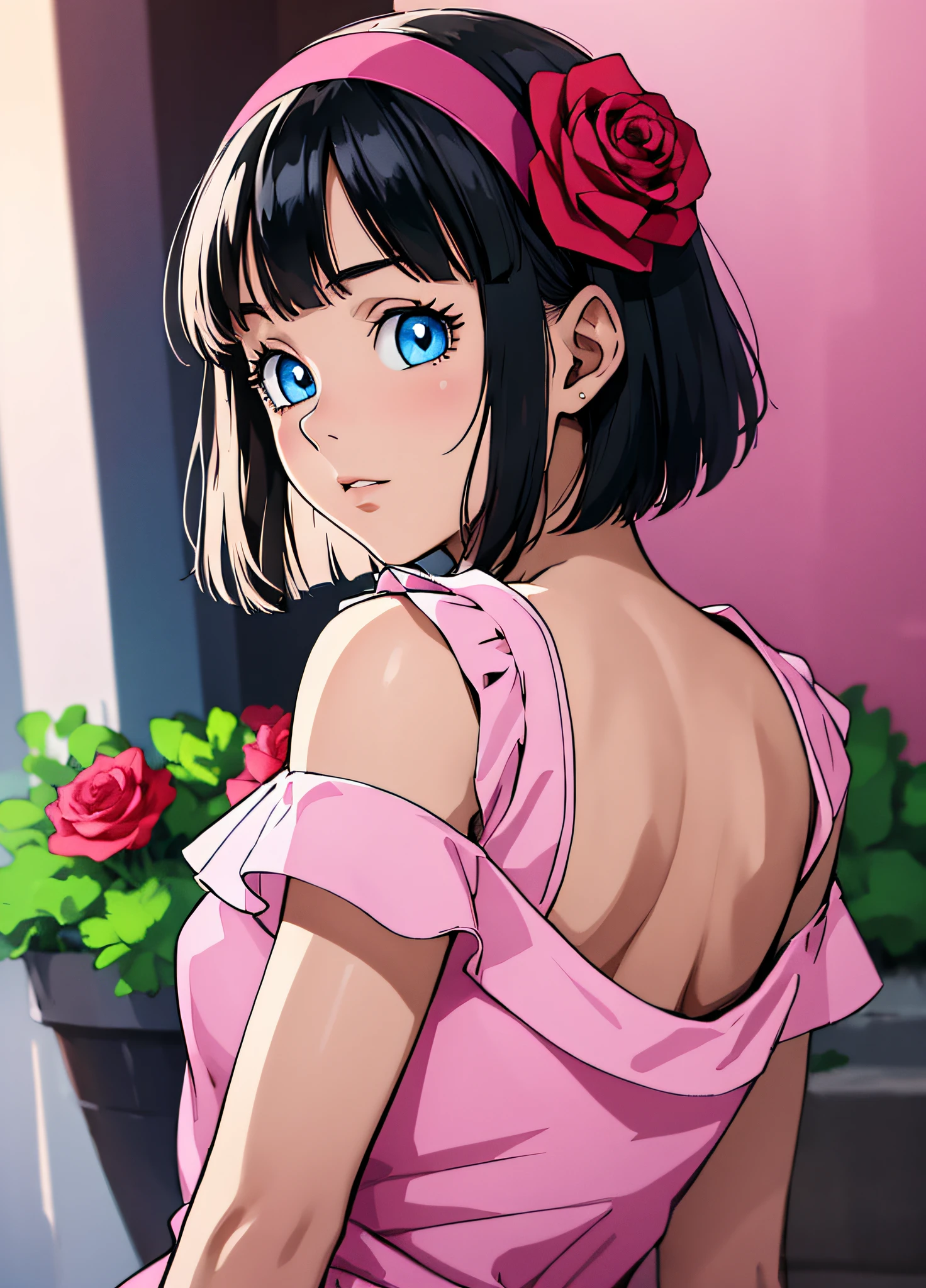 masterpiece, best quality, highest quality, photorealistic, perfect anatomy, perfect face, perfect eyes,
videldbspinkdress, 1girl, solo, black hair, dress, blue eyes, hairband, short hair, pink dress, flower, rose, red hairband, outdoors