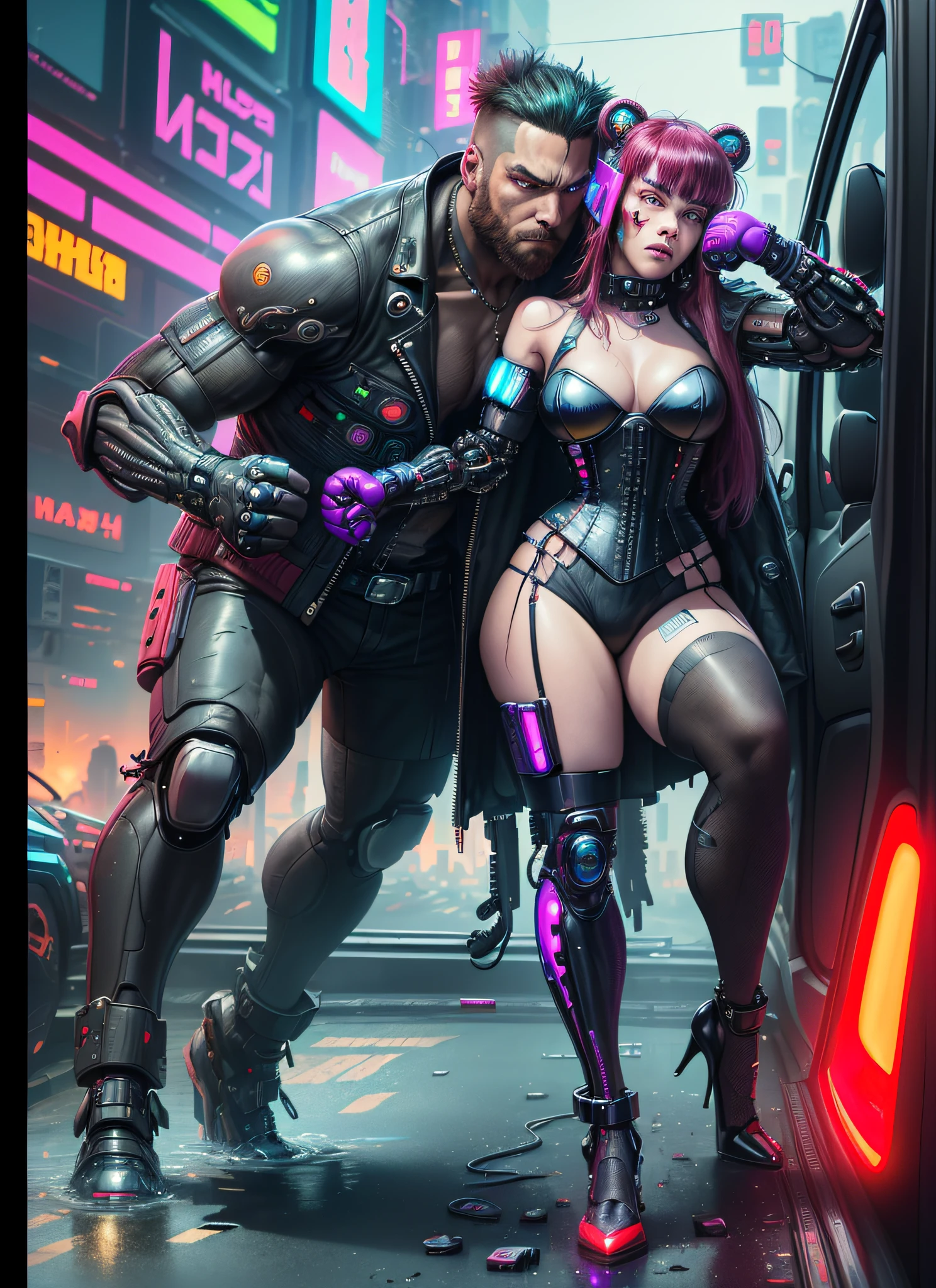 (colored comic)), ((colorful comic style)), sequential framing, ((impact frame)), (same photo), ((furry: 1.2)) ((anthropomorphic bear)), female, seductive look, (((cybernetic wires by the body, part cyborgs)), (( red corset, long coat, auto heel, in a self heel weighing in the water reletindo city: 1.2)), (second frame, muoher leading,(( punching and falling into a cyberpunk car))