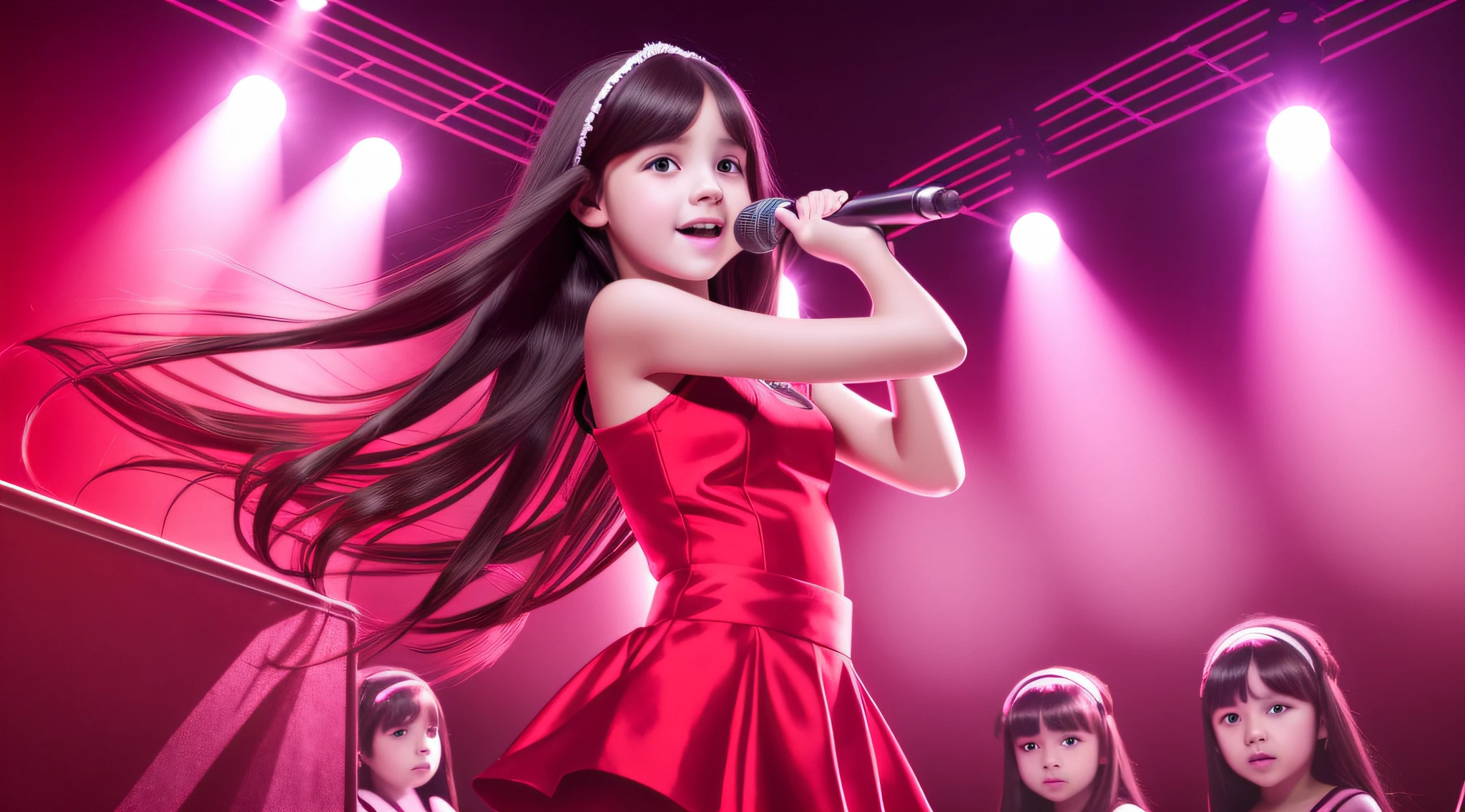 girls children WITH STRAIGHT DARK HAIR,RED BACKGROUND, (best quality, masterpiece), 1girl, idol, singing, happy, backlighting, long hair, stage, looking at the viewer,