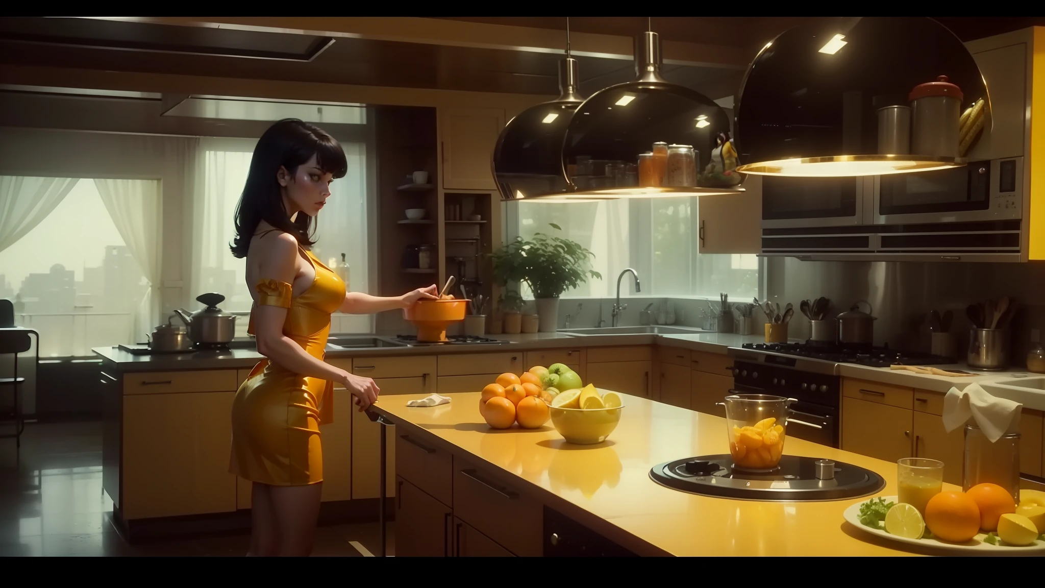 there is a woman standing in a kitchen preparing food, pulp style, 2015 cinematography, fiberglass, orange slices, 70s design, anamorphic widescreen, silk spectre, gold highlights, circa 1 9 6 9, gloss, still image from the movie, fashion gameplay screenshot, lurid, bad bunny, marc newson --auto --s2