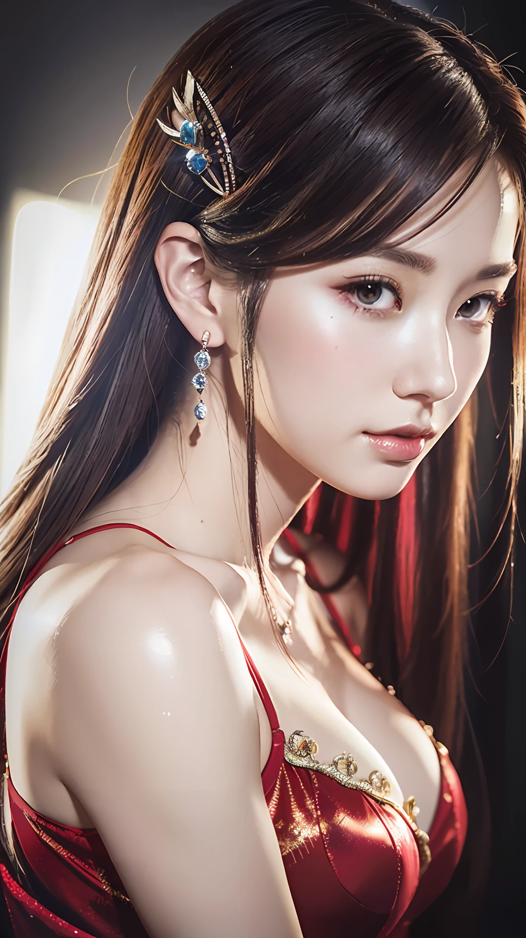 a close up of a woman in a red dress with long hair, beautiful alluring anime woman, a beautiful fantasy empress, inspired by Du Qiong, seductive tifa lockhart portrait, ((a beautiful fantasy empress)), seductive anime girl, beautiful anime woman, glamorous tifa lockheart, beautiful avatar pictures, mai shiranui, lady in red armor, tifa, (lingerie:1.2), photo realistic, upon_body, tyndall effect, photorealistic, dark studio, rim lighting, two tone lighting, (high detailed skin:1.2), 8k uhd, dslr, soft lighting, high quality, volumetric lighting, candid, Photograph, high resolution, 4k, 8k, Bokeh,