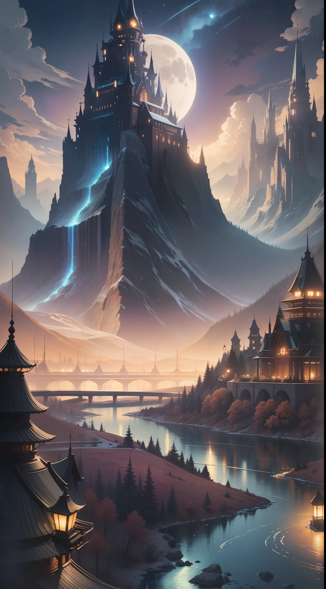 A painting of a river with stars and moon in the sky, concept art inspired by Tosa Mitsuoki, pixiv contest winner, best quality, fantasy art, beautiful anime scene, a bright moon, moonlit starry environment, dream painting, Anime Background Art, Fantasy Landscape Art, Fantasy Night, Anime Background, Background Artwork, Fantastic Art, Atmospheric Anime, Starry Sky, Detail Enhanced.