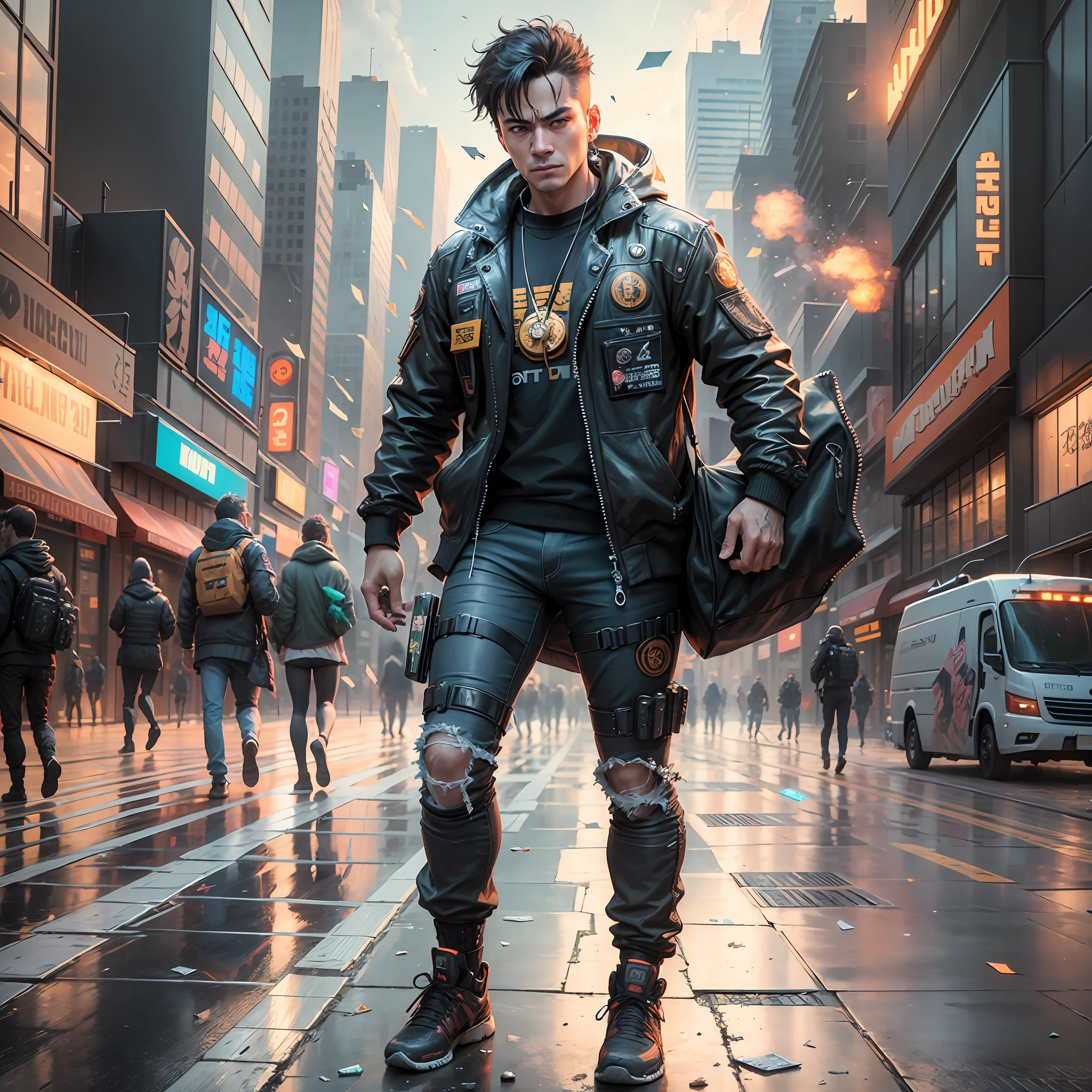 Realistic cyberpunk image of Satosh Nakamoto holding a Bitcoin coin, with futuristic background with the world coming crashing down because of the dollar, putting paper dollar thrown across the street floor and cops running behind Satosh Nakamoto --auto --s2