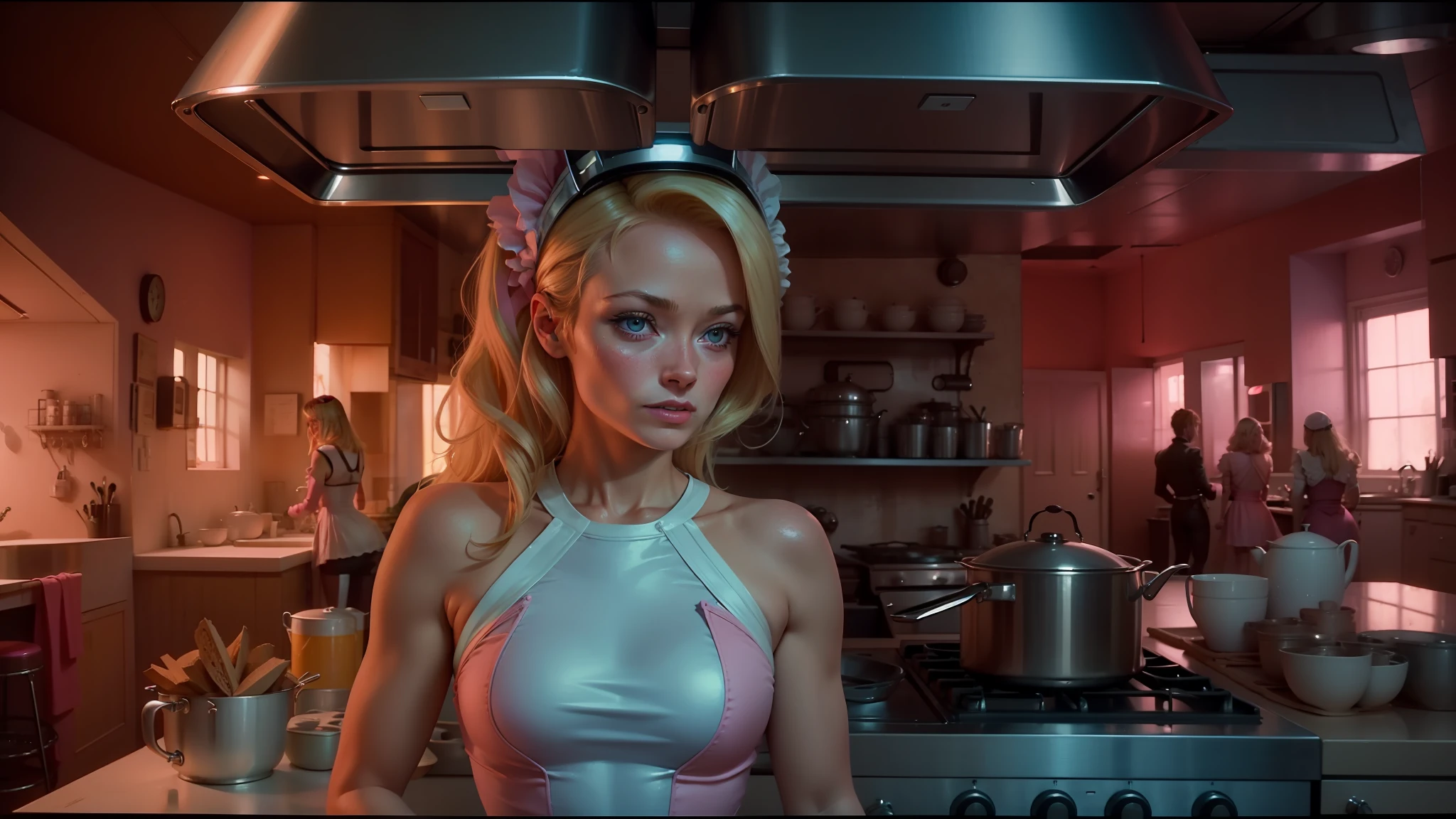 blond woman in a pink halt top standing in a kitchen, guardians of the galaxy style, french maid, 7 0 s visuals, olivia wilde, rendering of beauty pageant, inspired by Laurie Lipton, panavision x iii, stove, pixie, kettle, cherub, suki --auto --s2