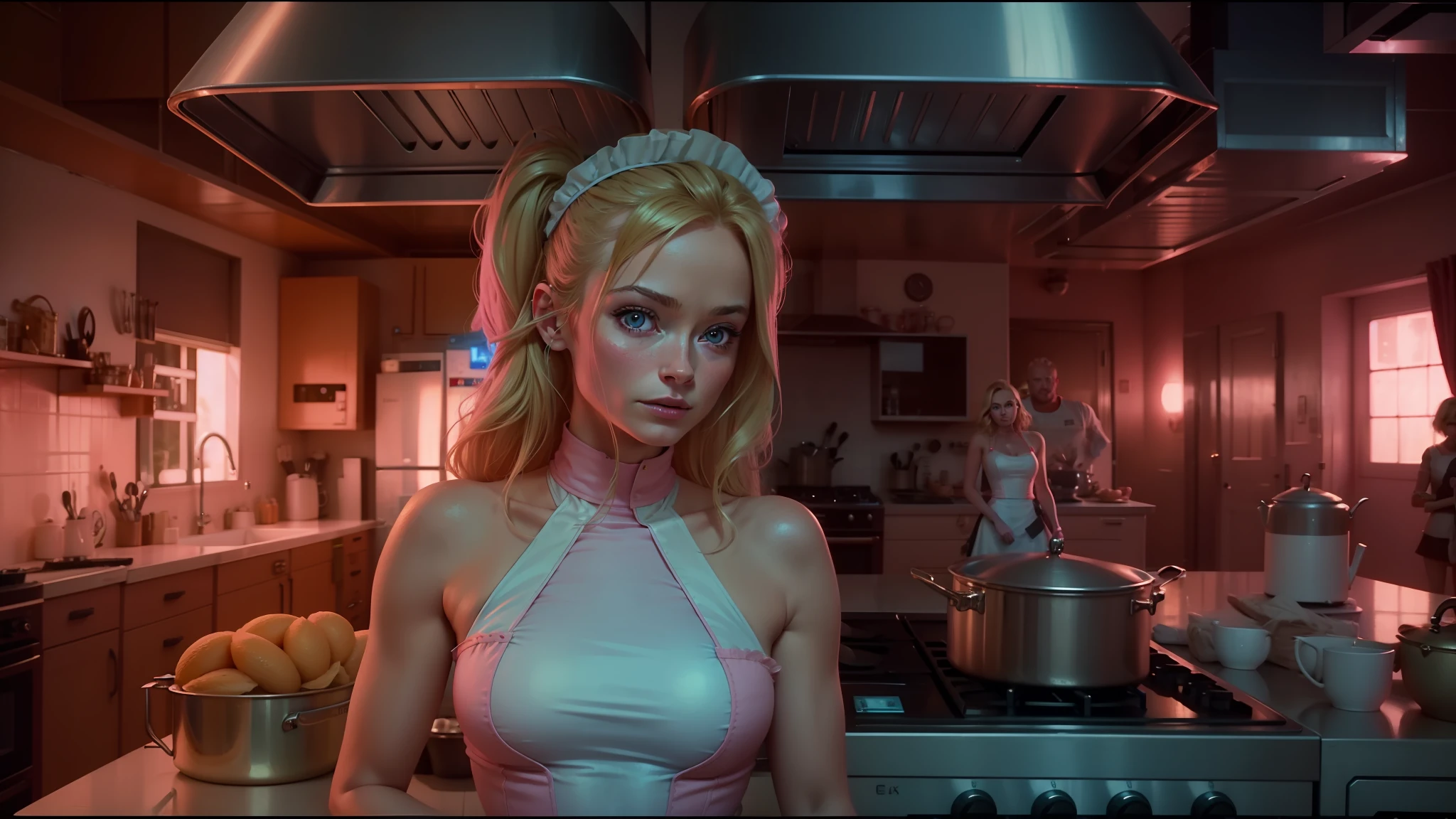 blond woman in a pink halt top standing in a kitchen, guardians of the galaxy style, french maid, 7 0 s visuals, olivia wilde, rendering of beauty pageant, inspired by Laurie Lipton, panavision x iii, stove, pixie, kettle, cherub, suki --auto --s2