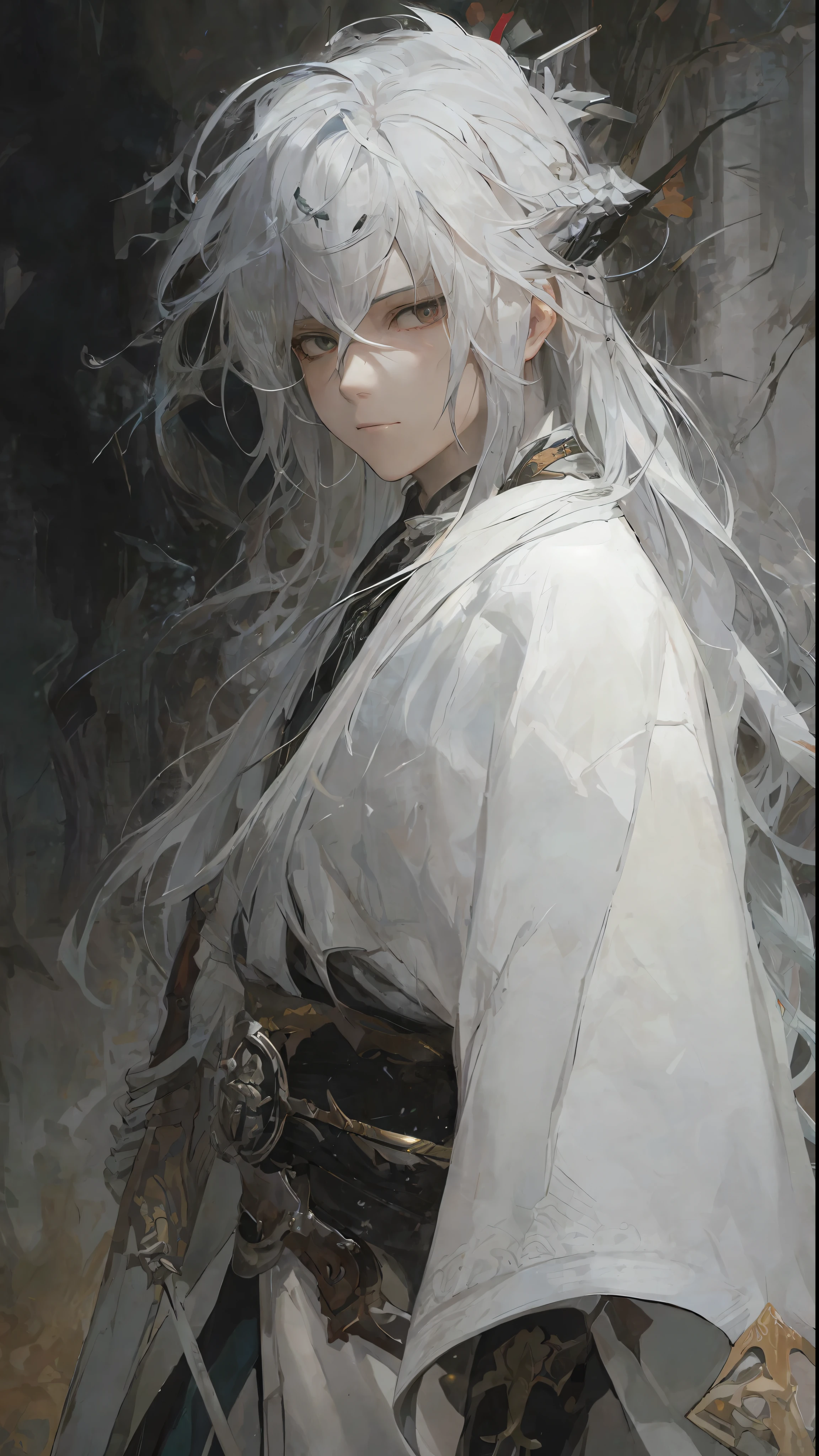 a close up of a person with white hair and a sword, white haired deity, with white long hair, with long white hair, artwork in the style of guweiz, white haired, guweiz, handsome guy in demon slayer art, beautiful character painting, by Yang J, white-haired, guweiz on pixiv artstation, anime character