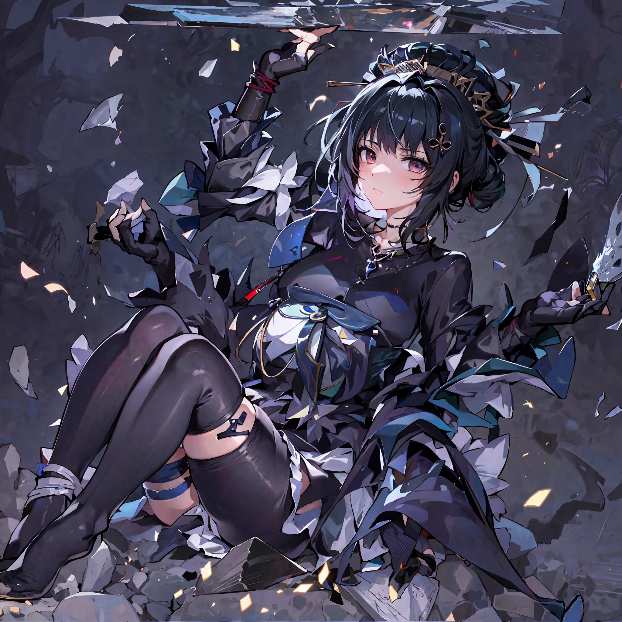 Anime girl sitting on the ground with knife and a book, Guvitz in pixiv art station, Guviz in art station pixiv, Guvitz, popular on ArtStation Pixiv, best anime 4k konachan wallpaper, anime art wallpaper 8k, guvitz masterpiece, express joy. Krentz Kusaud, blue, white stockings