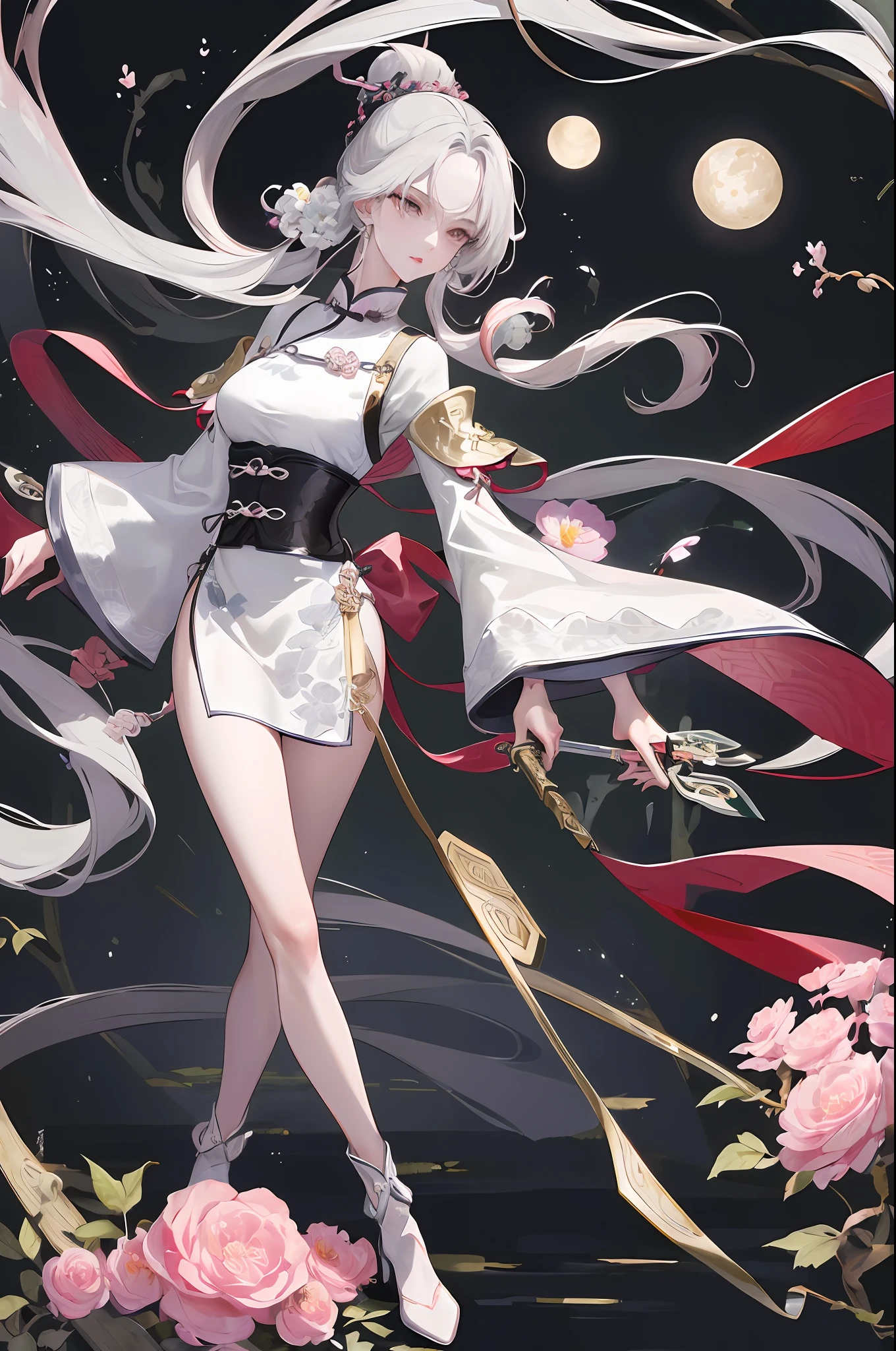 Masterpiece, Superb Product, Night, Full Moon, 1 Woman, Mature Woman, Chinese Style, Ancient China, Full Body, Sister, Royal Sister, Cold Face, Expressionless, Silver-White Long-Haired Woman, Light Pink Lips, Calm, Intellectual, Three Bands, Gray Eyes, Assassin, Short Knife, Flower Ball Background, Walking Street View