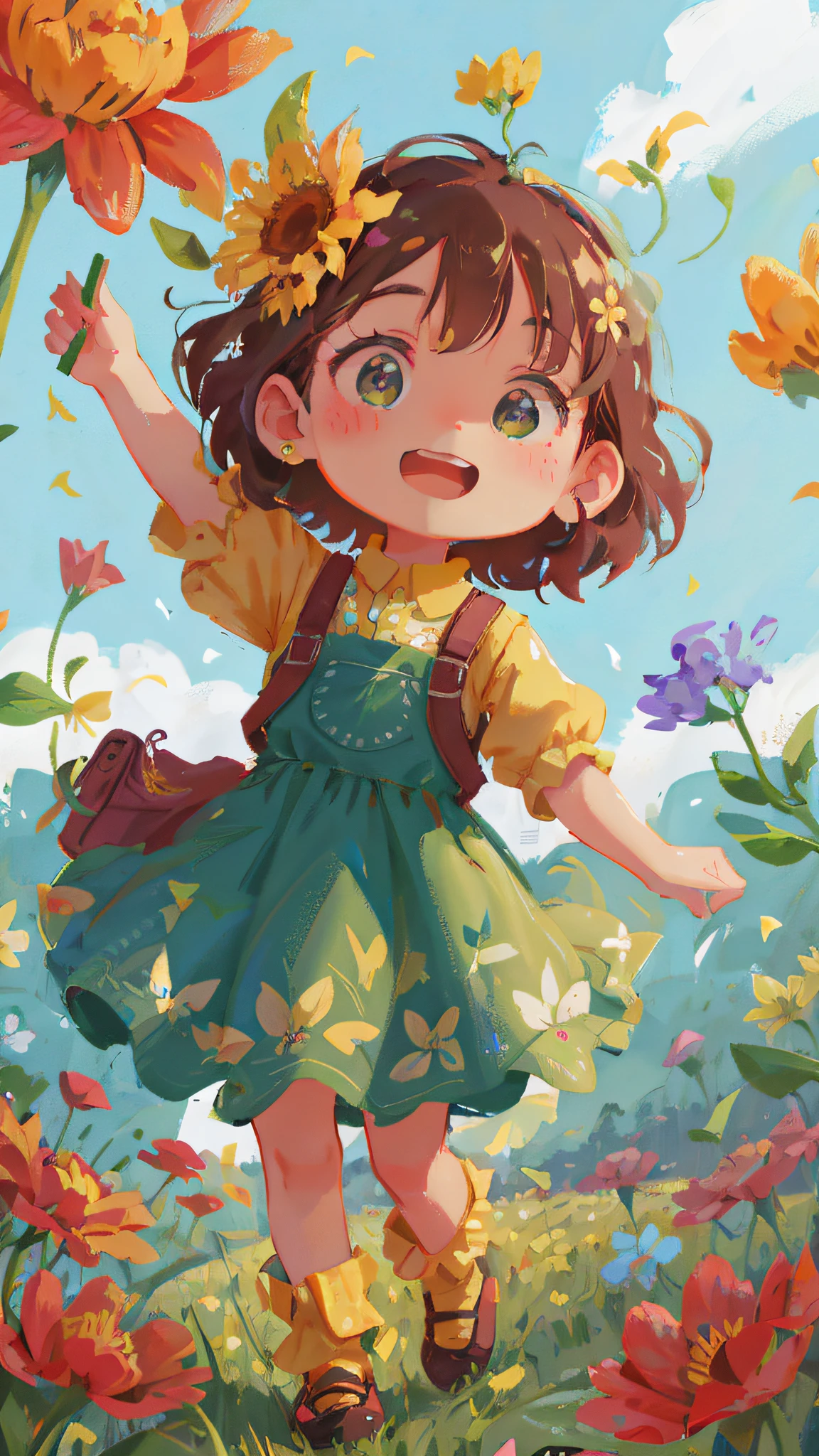 cartoon girl in a green dress and yellow shirt holding a flower, childrens art in artstation, cute detailed digital art, adorable digital painting, cute art style, cute detailed artwork, girl in flowers, cute digital art, girl in a flower field, full body portrait of a short!, girl dancing in a flower field, a beautiful artwork illustration