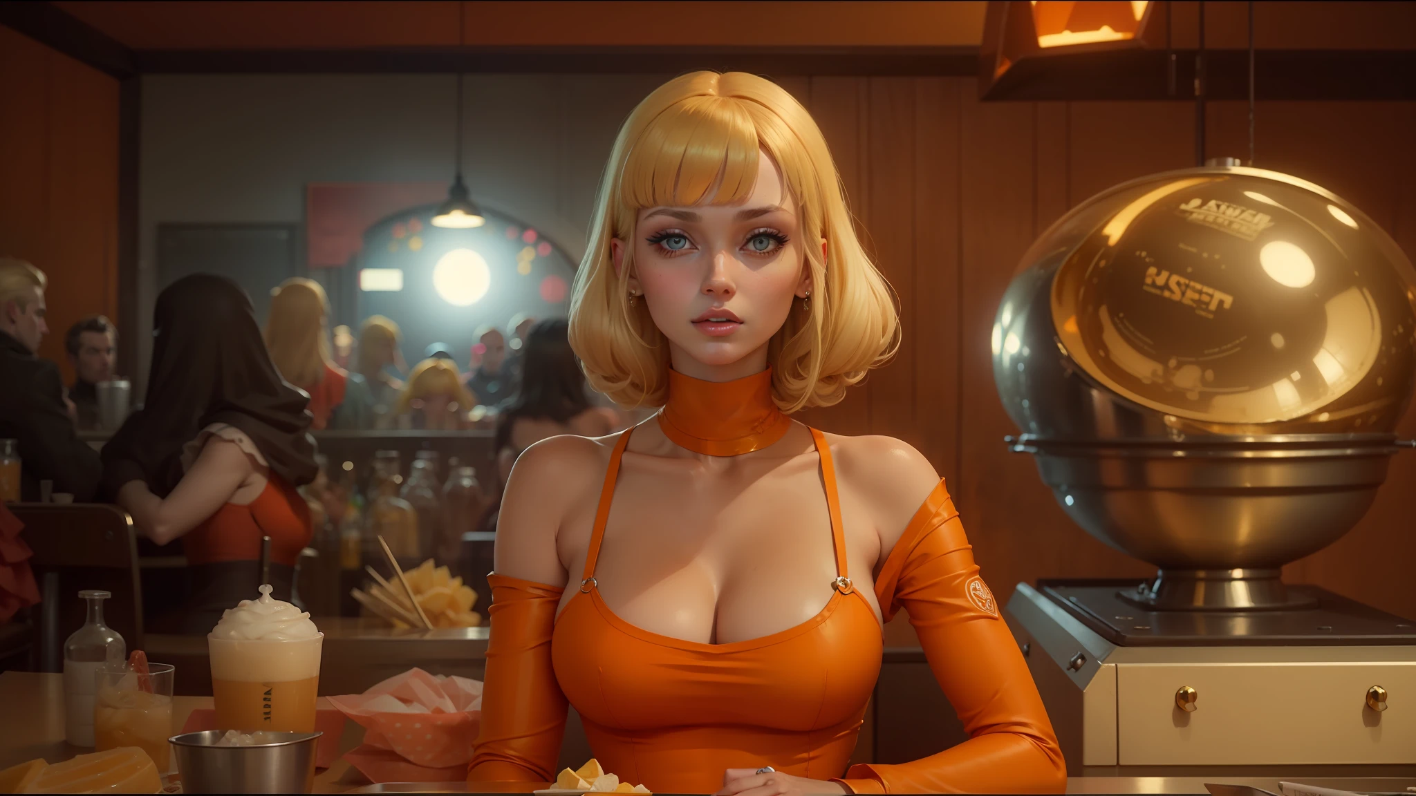 blond woman in orange dress sitting at a bar with a large bowl of candy, die antwoord music video, sixties pinup, death and robots two in the void, portrait sophie mudd, lucy in the sky with diamonds, emma stone face, mannequins, unreal engine: .2, royal jewels, very sexy, peacock, diner, cg --auto --s2