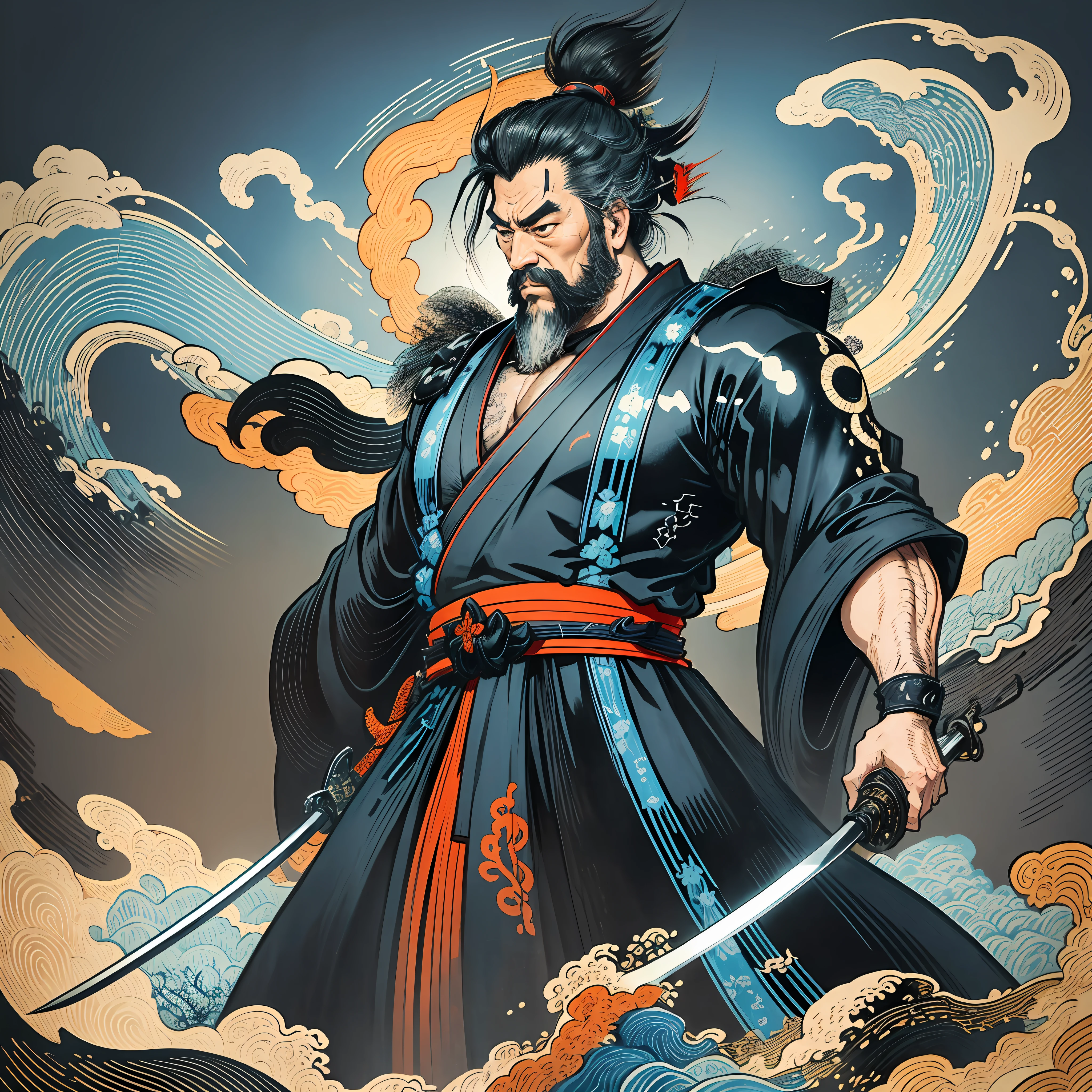 It is a full-body painting with natural colors with Katsushika Hokusai-style line drawings. The swordsman Miyamoto Musashi has a big body like a strongman. Samurai of Japan. With a dignified but manly expression of determination, he confronts evil spirits. He has black short hair and a short, trimmed beard. His upper body is covered in a black kimono and his hakama is knee-long. In his right hand he holds a Japan sword with a longer sword part. In the highest quality, masterpiece high resolution ukiyo-e style lightning and swirling flames. Among them, Miyamoto Musashi is standing with his back straight, facing the front.