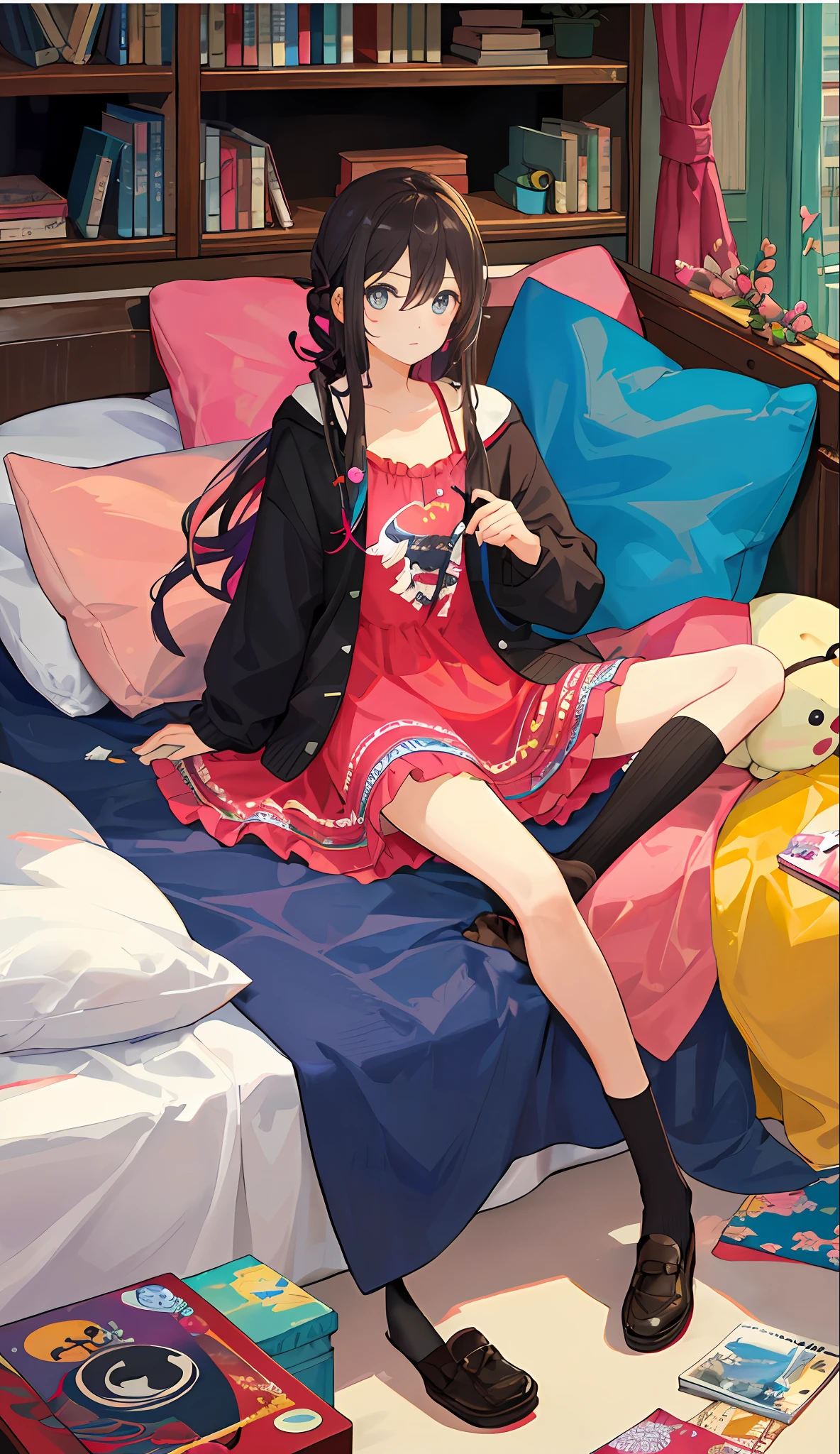 ((masterpiece,best quality)),(1girl),beautiful detailed eyes,colorful, vivid color, messy room, stuffed toy, toy, pillow, blanket, cushion,