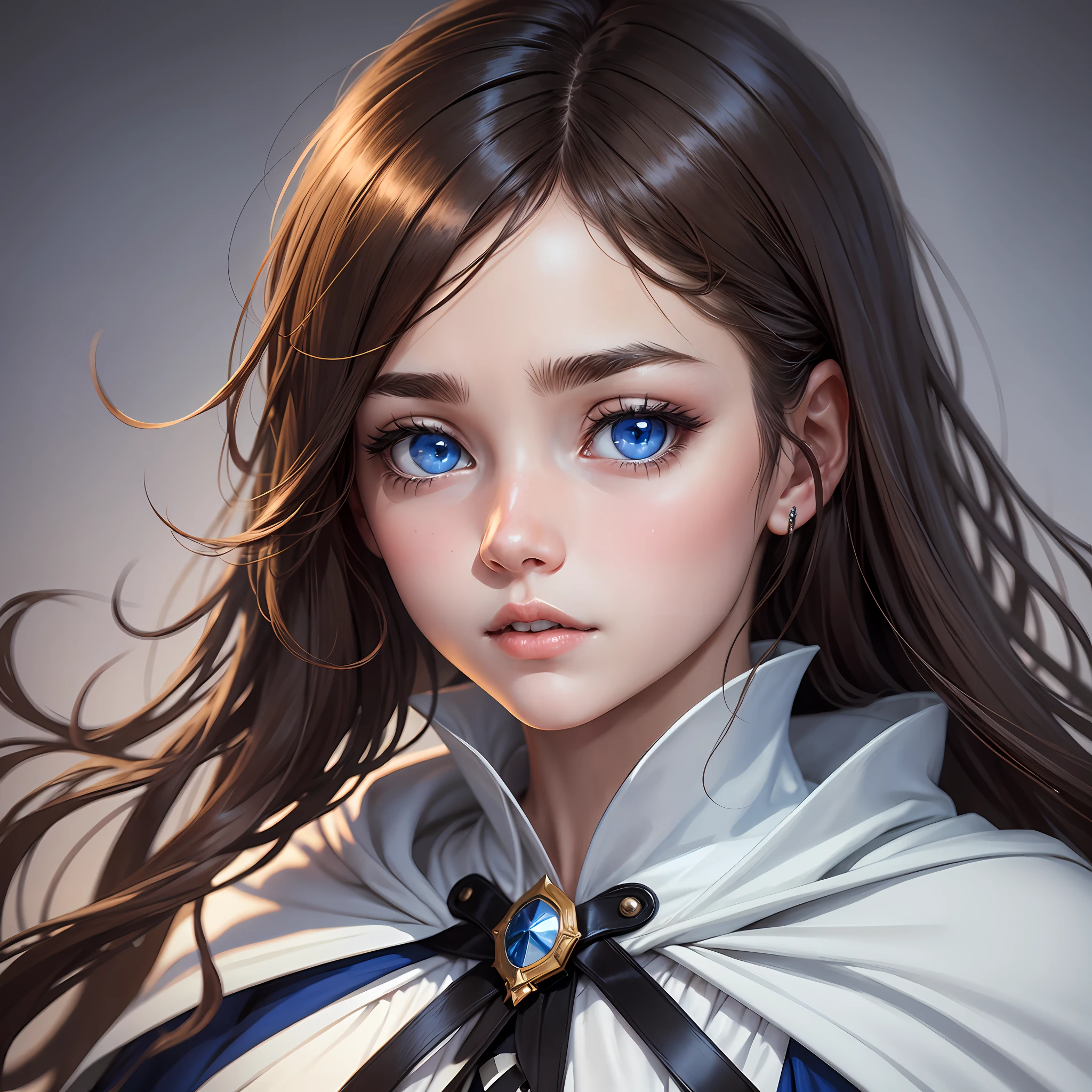 Brown haired girl with dark blue eyes, dark circles under her eyes, wearing a white cape --auto --s2