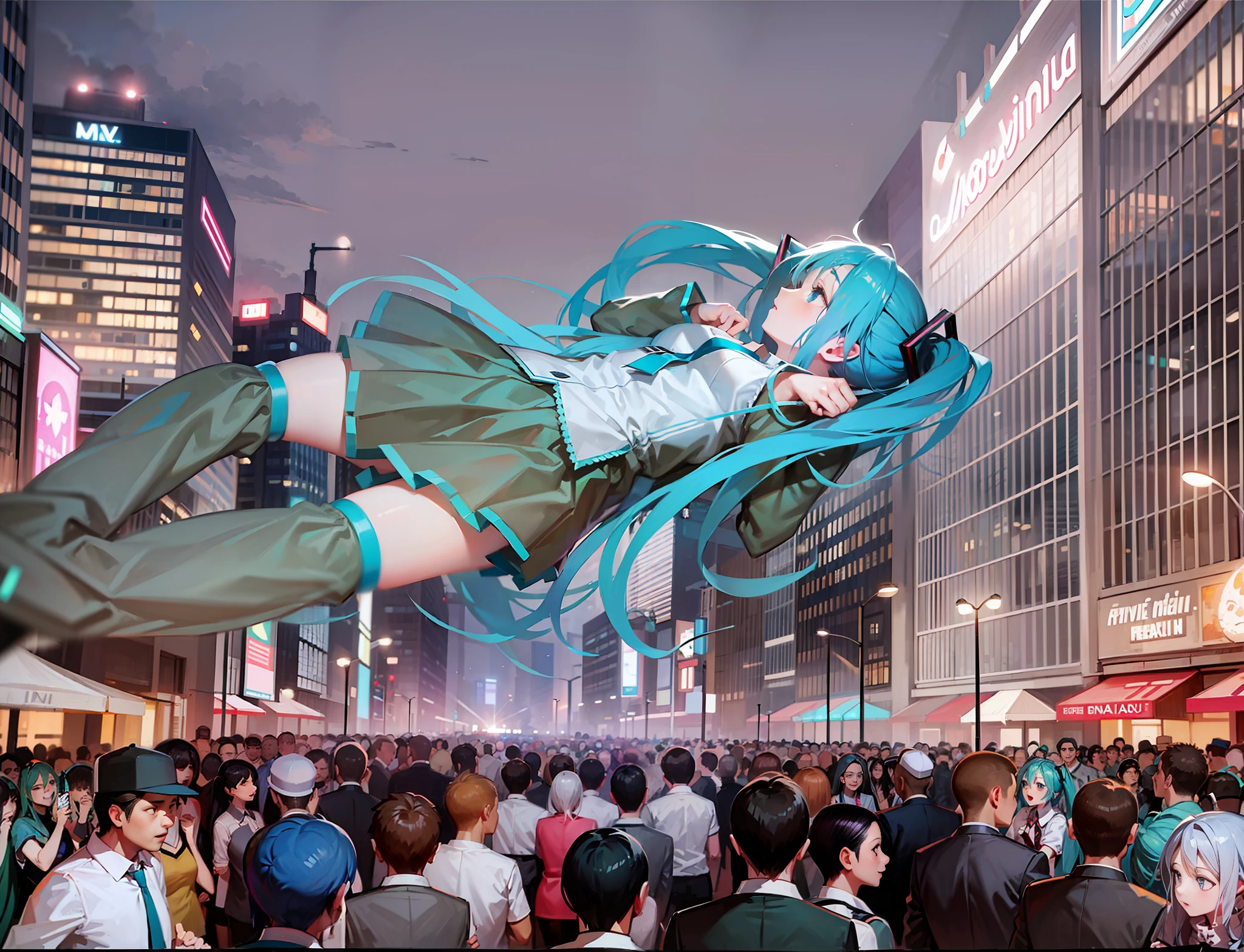 giant Hatsune Miku, crowd, street, expressionless,