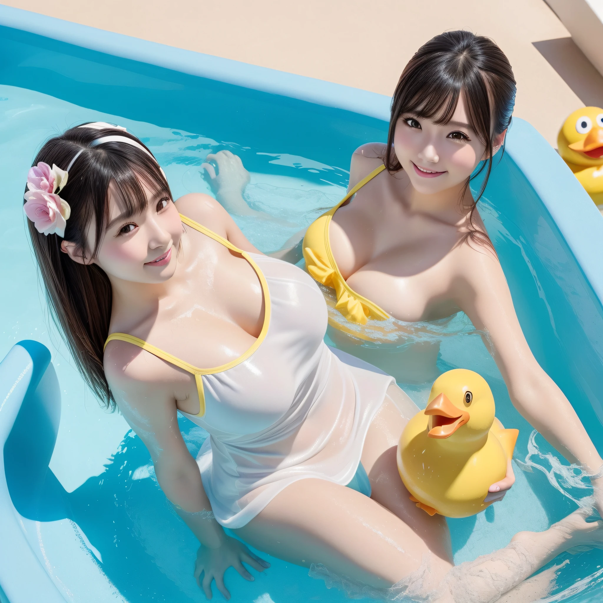 best quality, ultra high res, (photorealistic: 1.4), 8k resolution, girl, (random hair: 1.3), (realistic hair: 1.2), (Chinese girl: 1.2), (realistic eyes: 1.2), (beauty face: 1.3), perfect body, white pink skin, medium chest, neckline, (happy face smile: 1.2), (top angle: 1.3), (wet dress: 1.2), (bathing in water park: 1.3), yellow rubber duck,