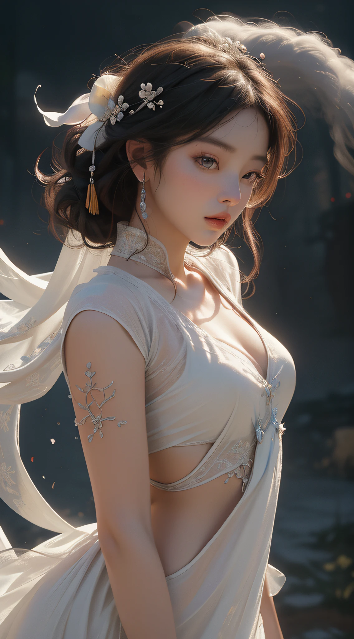 NSFW, Super High Quality, Masterpiece, Perfect Illustration, Extreme Details (Delicate Light and Shadow, Highly Dramatic Picture,)Zhong Hua, 1 Girl, Solo, Hanfu, Ancient_Chinese_architecture, Flower Field, Flowers, (White Smoke:1.3) (Realistic:1.4), Zen Entanglement, Mandala, Tangled, Official Art, Unity 8k wallpaper, super detailed, beautiful and beautiful, masterpiece, best quality, (Dynamic angle: 1.4), glowing skin, (Floating colorful flashes: 1) The most beautiful chaotic forms, elegant, brutalist design, bright colors, romantic depth of field exotic_dance, half_naked