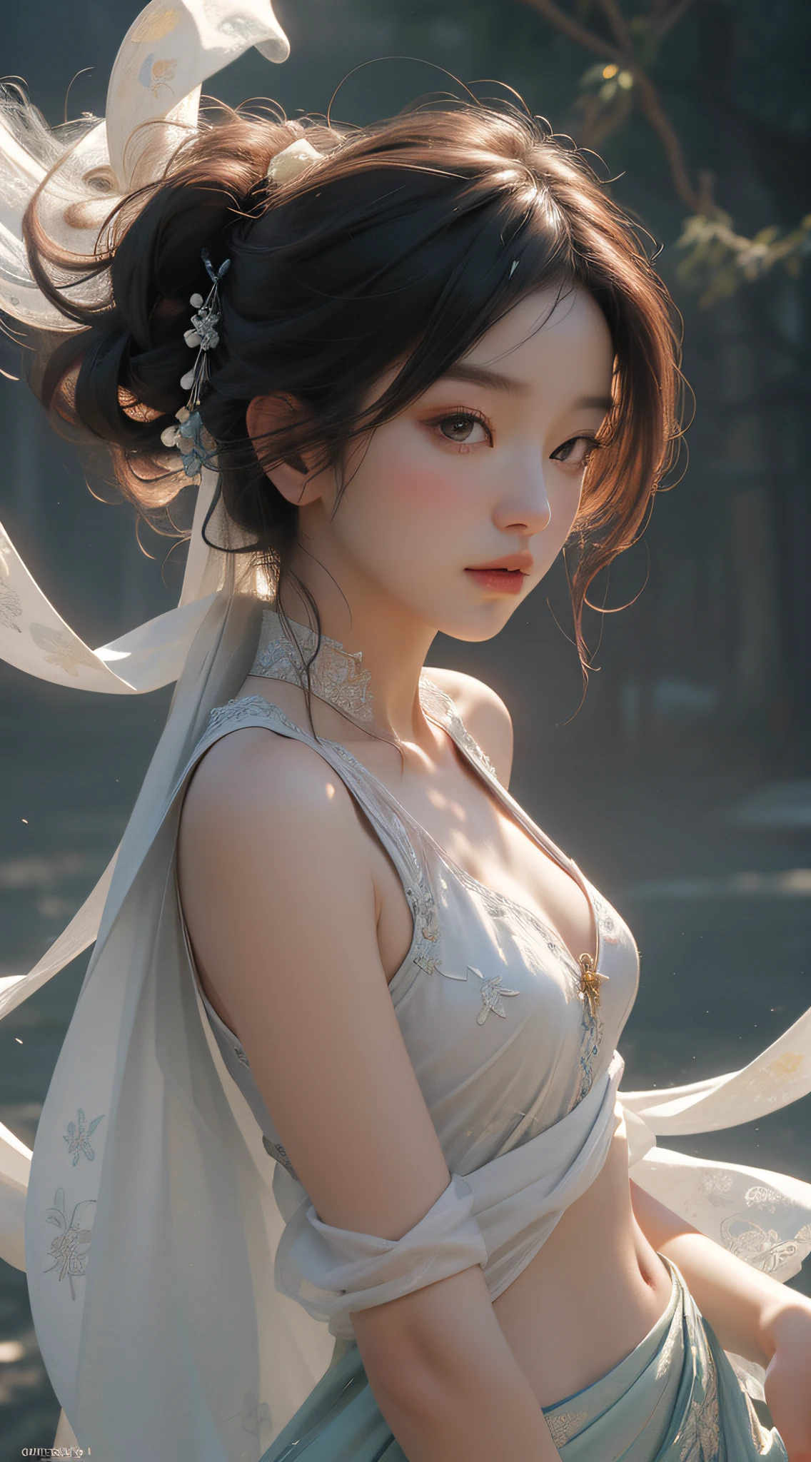 NSFW, Super High Quality, Masterpiece, Perfect Illustration, Extreme Details (Delicate Light and Shadow, Highly Dramatic Picture,)Zhong Hua, 1 Girl, Solo, Hanfu, Ancient_Chinese_architecture, Flower Field, Flowers, (White Smoke:1.3) (Realistic:1.4), Zen Entanglement, Mandala, Tangled, Official Art, Unity 8k wallpaper, super detailed, beautiful and beautiful, masterpiece, best quality, (Dynamic angle: 1.4), glowing skin, (Floating colorful flashes: 1) The most beautiful chaotic forms, elegant, brutalist design, bright colors, romantic depth of field exotic_dance, half_naked