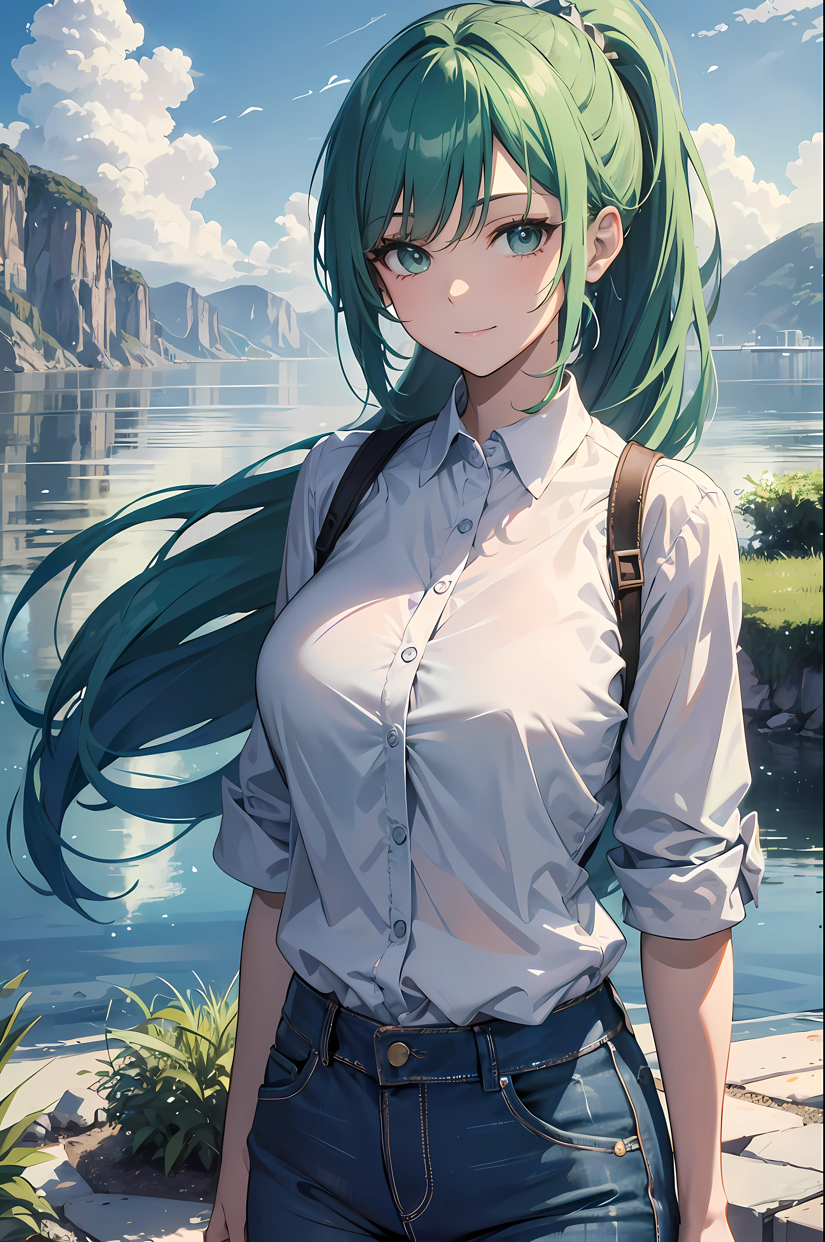((best quality)), highres, (detailed:1.4), ((masterpiece)), a half body portrait of a beautiful woman, [smiling], mouth closed, solo, wearing a white oversized shirt, blue jeans, ((green hair)), fringe, ponytail, aqua eyes, (ulzzang-6500:1.0), beautiful detailed face, detailed eyes, outdoors, nature, cloudy sky, wind, cinematic lighting, deep shadows, ray tracing, light reflections, 8k