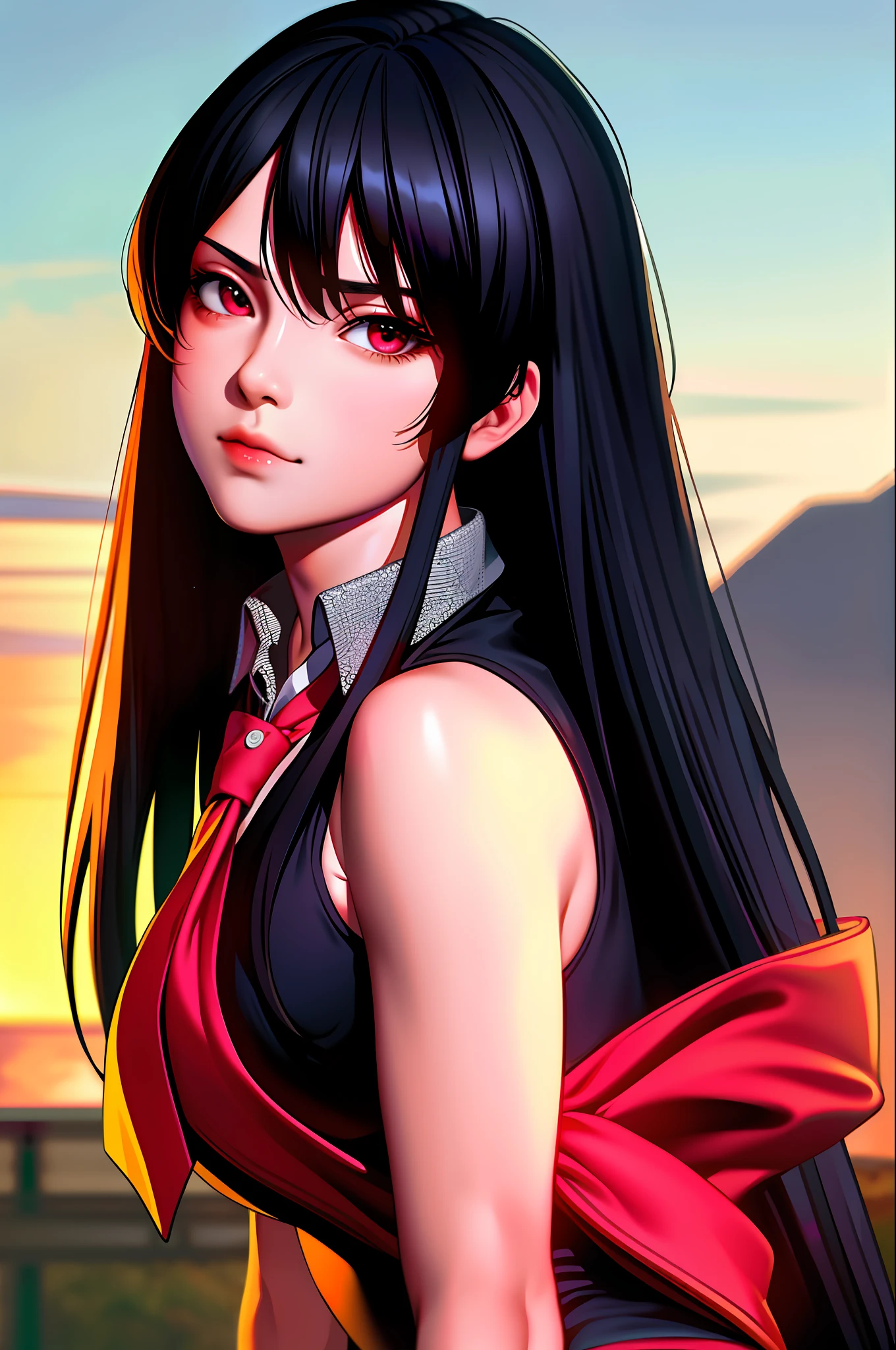 (masterpiece, best quality:1.2), cowboy shot, solo, 1girl, akame \(akame ga kill!\), expressionless, closed mouth, look at the viewer, black collared shirt, red tie, sleeveless, leggings, ass, wide hips, erotica