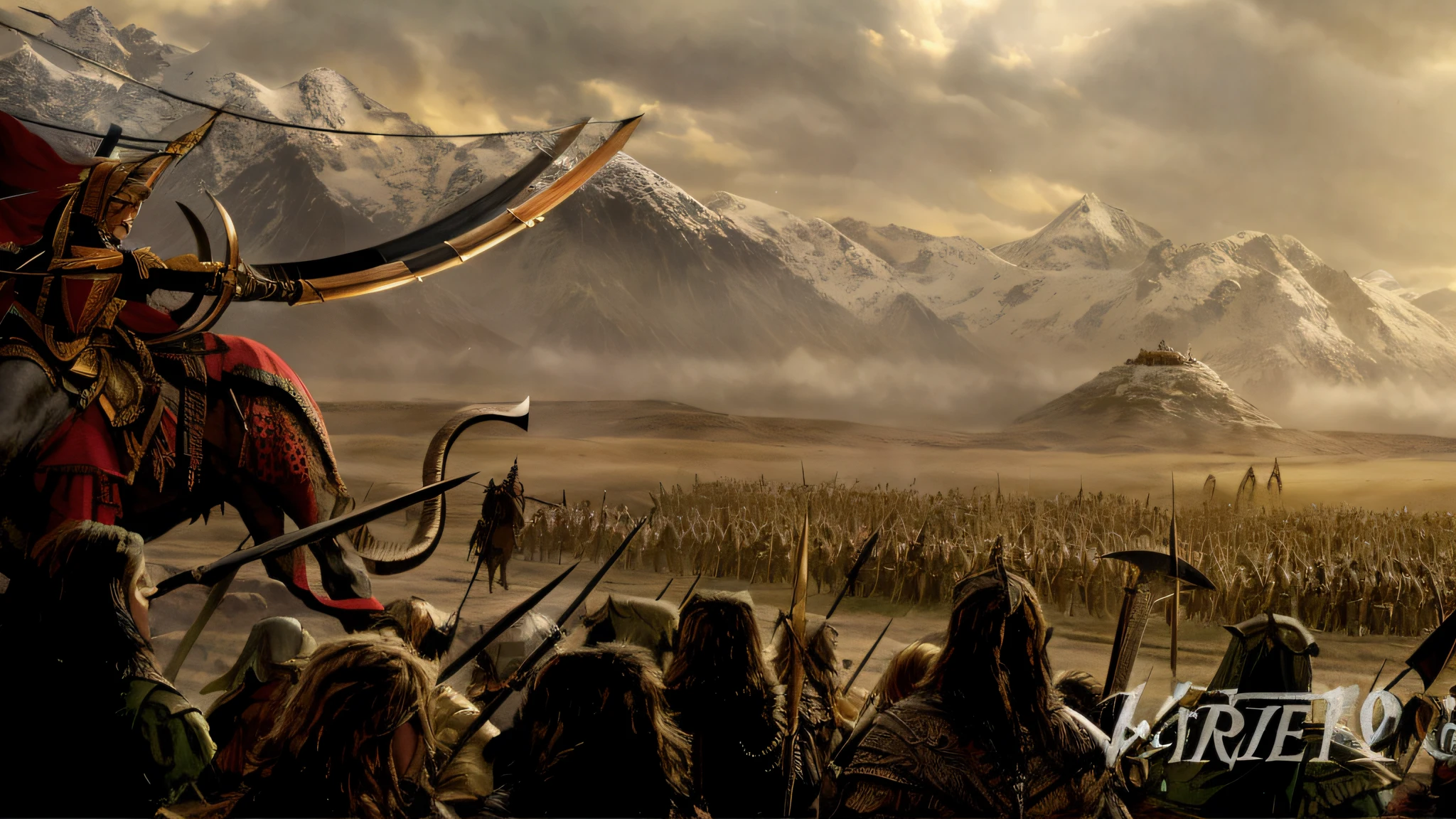 arafed image of a group of people with spears and spears, standing in the plains of rohan, still from lord of the rings, weta workshop concept art, in screenshot from the 300 movie, middle-earth, middle - earth, lotr), lotr ), lotr, from lord of the rings, lord of the rings concept art, epic matte painting, weta --auto --s2