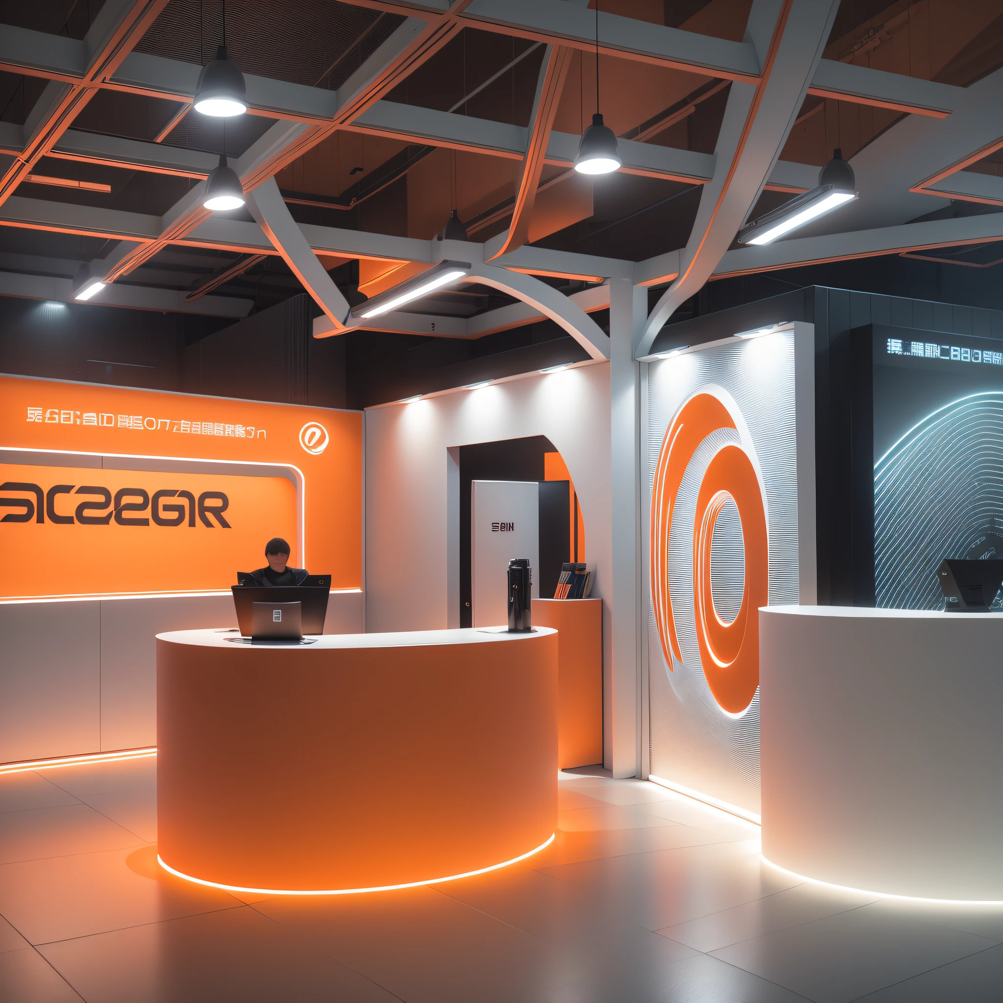 Booth design scheme, electronic products, lighting design, main color orange, super detailed, white lighting, ultra-wide angle, rounded arc scheme --auto --s2