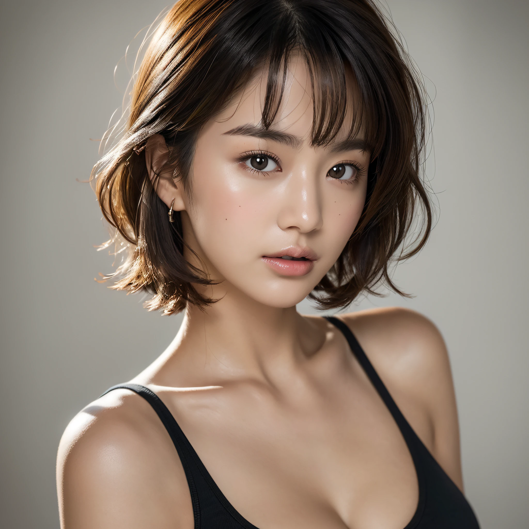 (8k, best quality, masterpiece, ), ultra detailed illustration, extremely detailed face, RAW photo, film grain, skin pores, warm light, cleavage, 1girl, solo, realistic, brown eyes, short hair, looking at viewer, lips, simple background, grey background, upper body, black hair, tank top, closed mouth, nosev