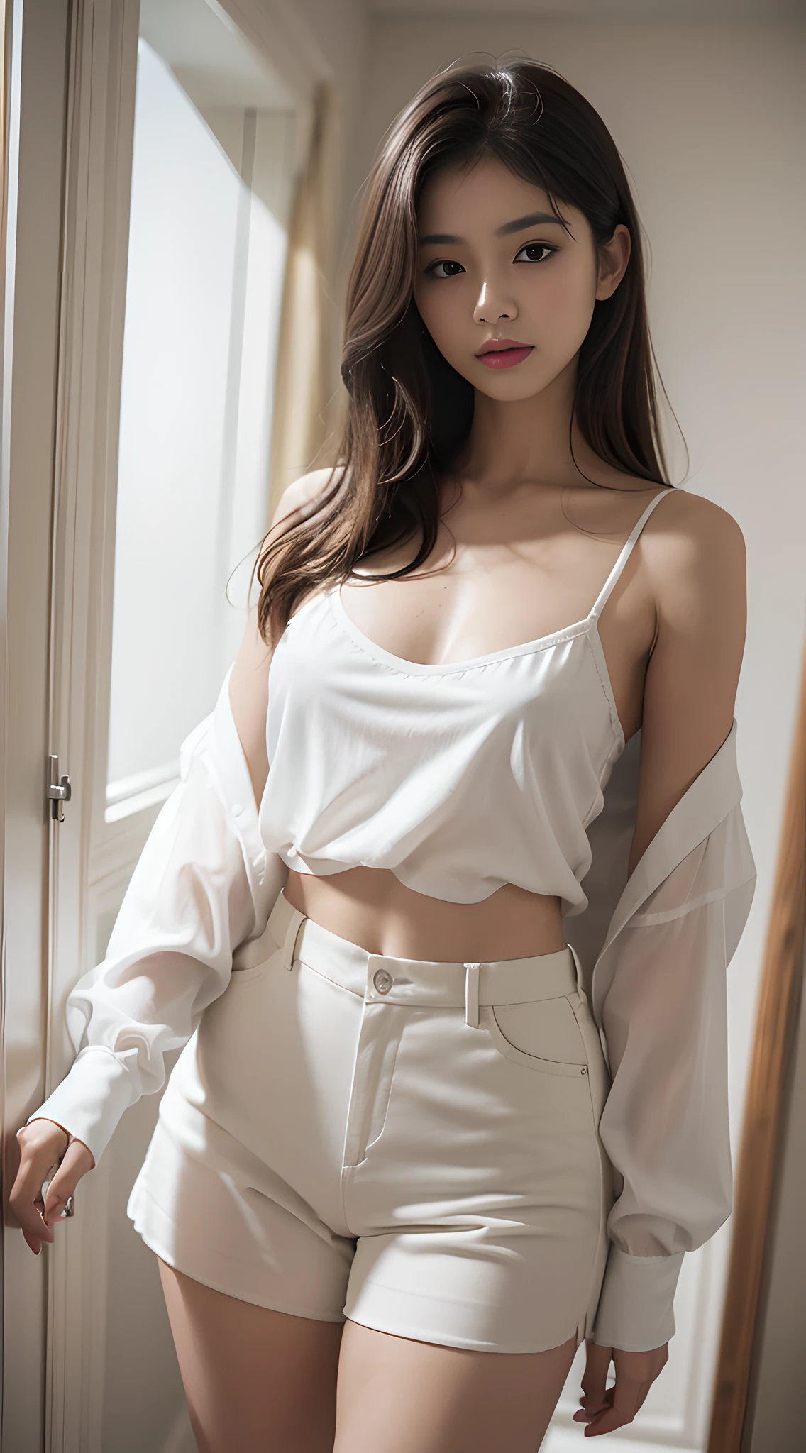 best quality, masterpiece, (photorealistic:1.4), 1girl undressing her blouse in the fitting room, revealing her white camisole, small breast, shot with Nikon D5, raw photo,
