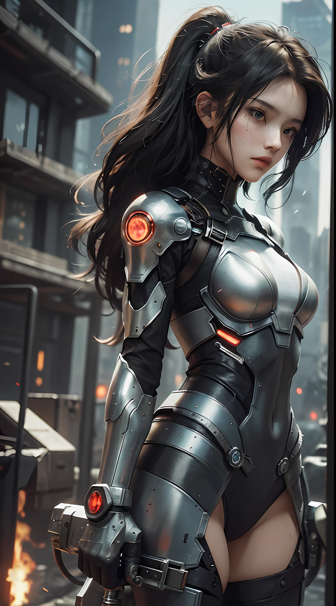 , a woman in the middle of a cyberpunk battlefield. Dressed in black mechanical armor and holding a huge energy weapon in her hand, she seemed to be preparing for battle. The woman's face was cold and resolute, as if she were a professional warrior.
The surroundings of the battlefield are full of cyberpunk elements. High-rise buildings, machinery, high-tech weapons, etc. are all present in the picture. The walls and floor are made of different metal textures, creating a sense of mechanization. The battlefield was full of fire, and the sound of explosions was constant, as if life and death could not be relaxed for a moment there. This picture fully demonstrates the unique charm of surrealist art, making people feel a strong sense of future and technology. The image of the woman on the battlefield is full of strength and confidence, awe-inspiring and admirable. At the same time, the surreal elements in the picture are also exciting and curious, making people imagine the future world. (8K Super Resolution, Masterpiece, Acura, Beauty, Blood, Crimson)