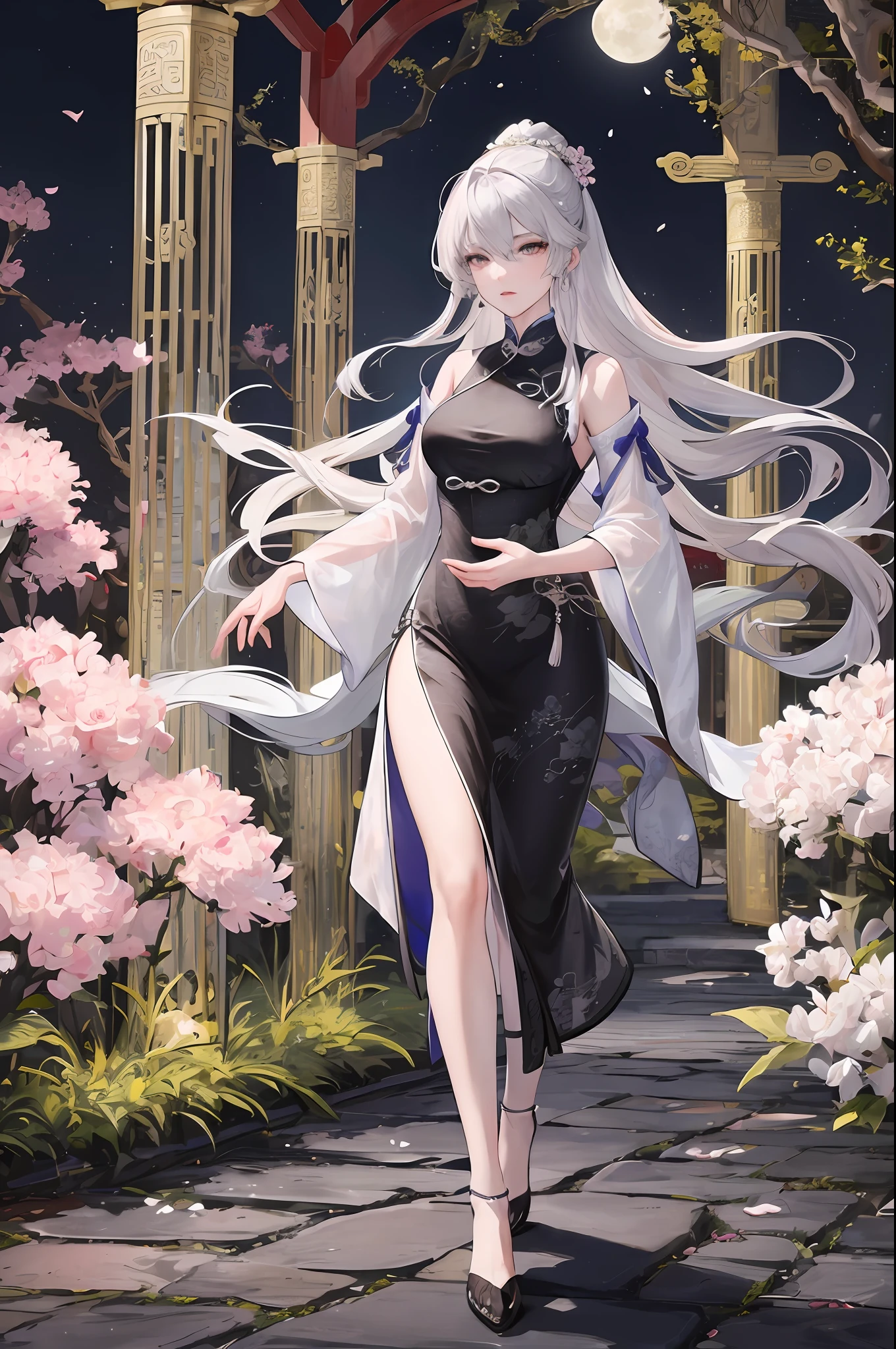 Masterpiece, Superb Product, Night, Full Moon, 1 Woman, Mature Woman, Chinese Style, Ancient China, Full Body, Sister, Royal Sister, Cold Face, Expressionless, Silver-White Long-Haired Woman, Light Pink Lips, Calm, Intellectual, Three Bands, Gray Eyes, Assassin, Short Knife, Flower Ball Background, Walking Street View