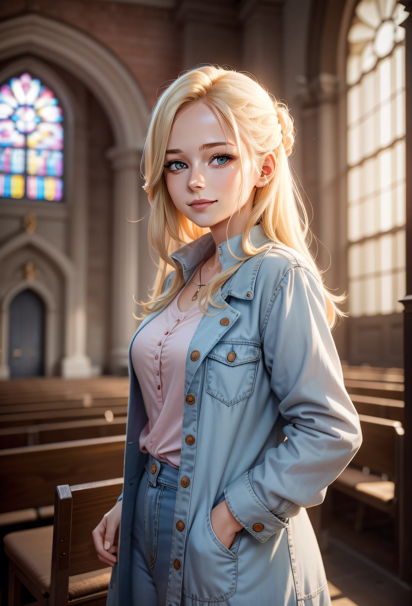 blonde woman, blue eyes, 27 years old, smiling, wearing pink long dress, light blue jeans short jacket, side pose, inside an adventist church, pose for photo, stock photo, by Emma Andijewska, by Jakob Gauermann, church, high quality photo, medium portrait, photo taken, set photo, high resolution photo, religion, friendship, very expressive, Realistic anime, drawn, 4K