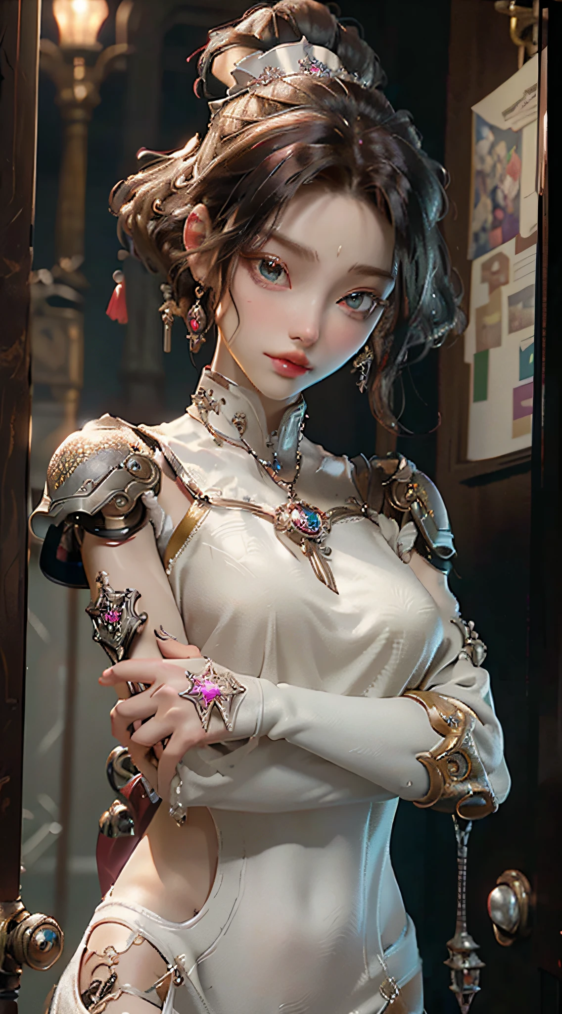 masterpiece, high quality, 3d, 8k cg, intricate details, detailed background, sacred. ornaments, byDylanKowalski, ((1girl)), upper body, muscular, skindentation, looking to the side, short hair, prosthesis, mechanical arms, synthetic skin, porcelain, pearl, holographic, titanium, diamond, ruby, sapphire, gemstones, clockwork, grunge, worn edges, armor,