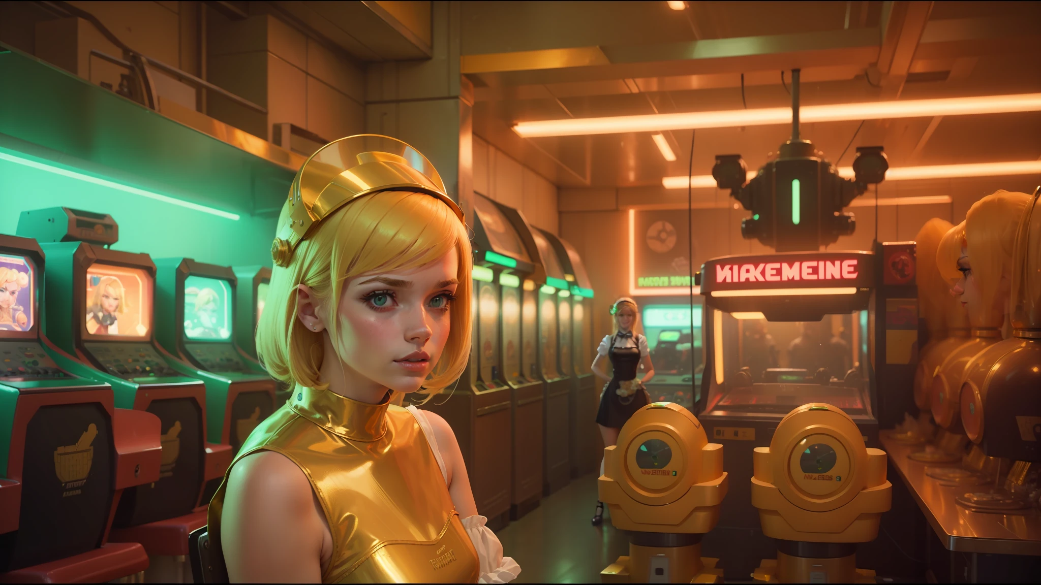 blond woman in a gold dress standing in front of a row of arcade machines, greig fraser cinematography, melanie martinez, robot duck concept portrait, ( waitress ) girl, green visor, pulp noir, greg hildebrant --auto --s2